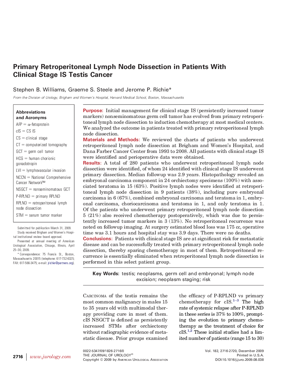 Primary Retroperitoneal Lymph Node Dissection in Patients With Clinical Stage IS Testis Cancer