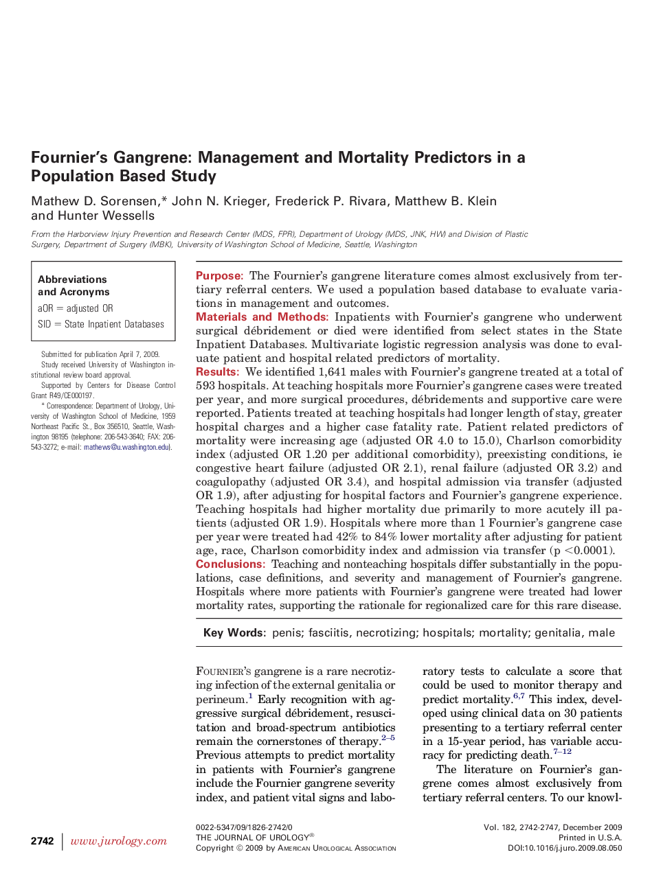 Fournier's Gangrene: Management and Mortality Predictors in a Population Based Study 