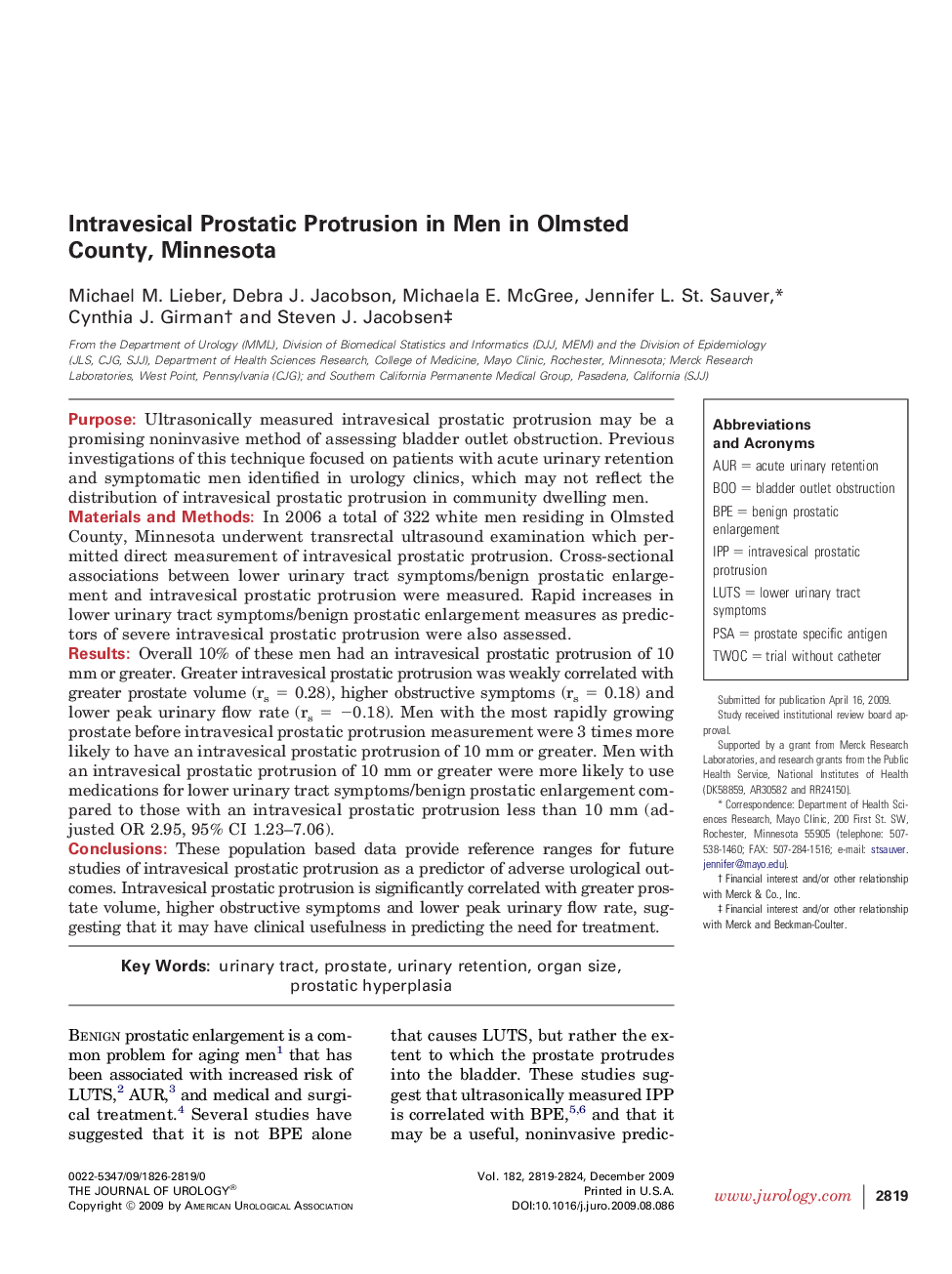 Intravesical Prostatic Protrusion in Men in Olmsted County, Minnesota 