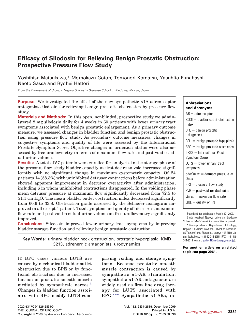 Efficacy of Silodosin for Relieving Benign Prostatic Obstruction: Prospective Pressure Flow Study 