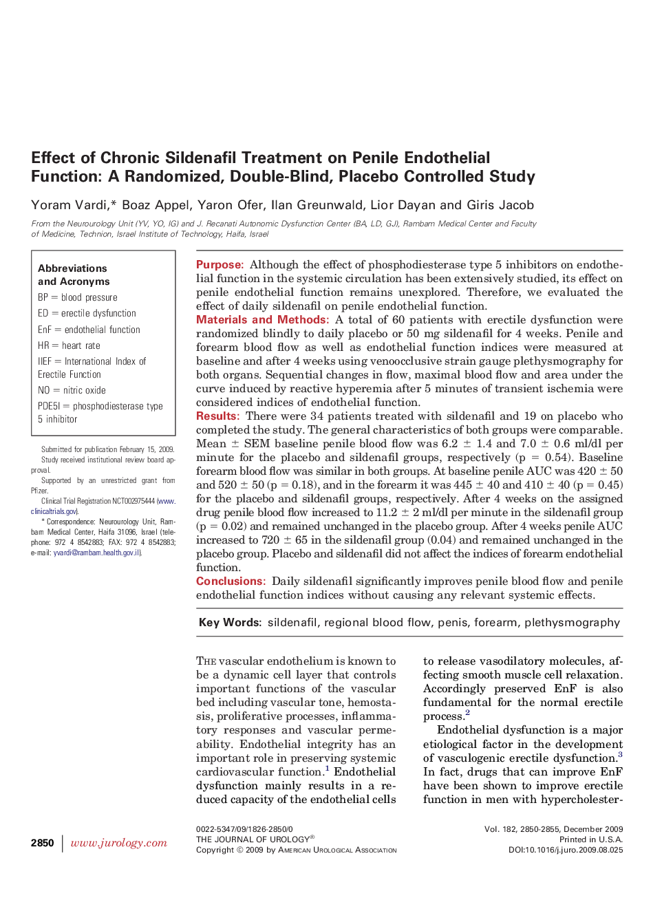 Effect of Chronic Sildenafil Treatment on Penile Endothelial Function: A Randomized, Double-Blind, Placebo Controlled Study 