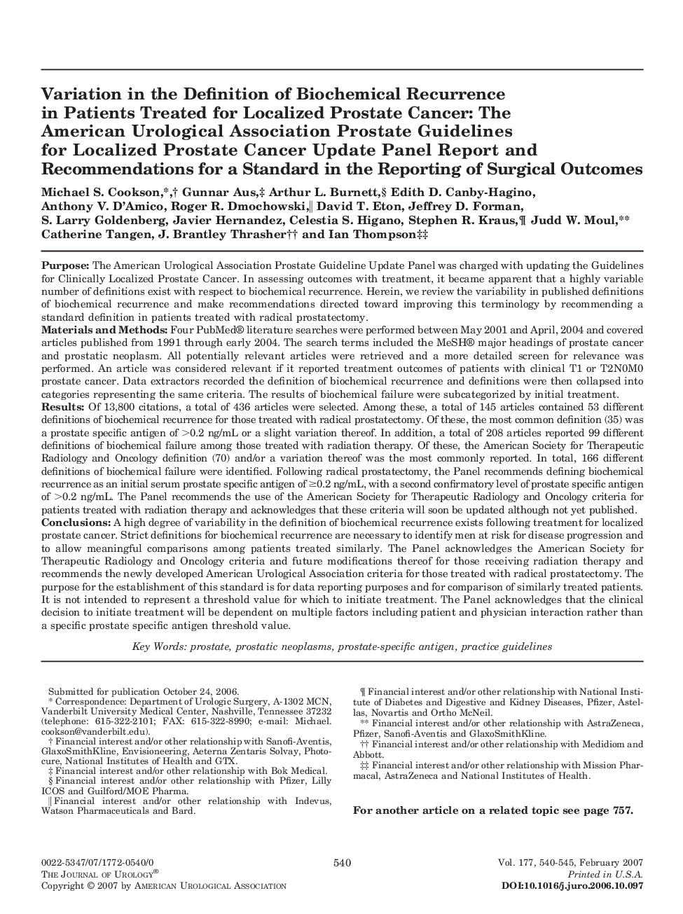 Variation in the Definition of Biochemical Recurrence in Patients Treated for Localized Prostate Cancer: The American Urological Association Prostate Guidelines for Localized Prostate Cancer Update Panel Report and Recommendations for a Standard in the Re