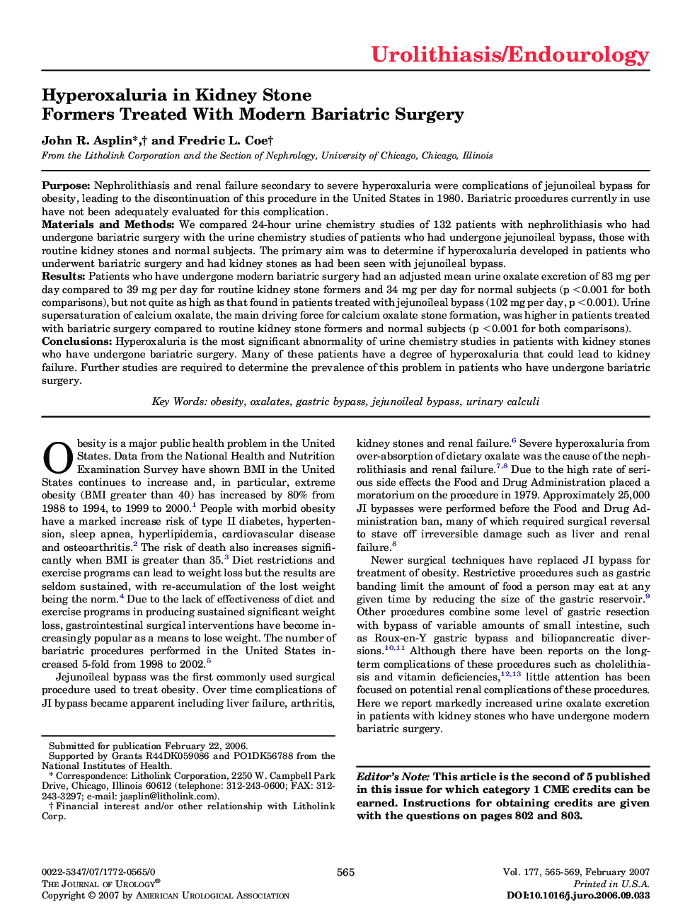 Hyperoxaluria in Kidney Stone Formers Treated With Modern Bariatric Surgery 