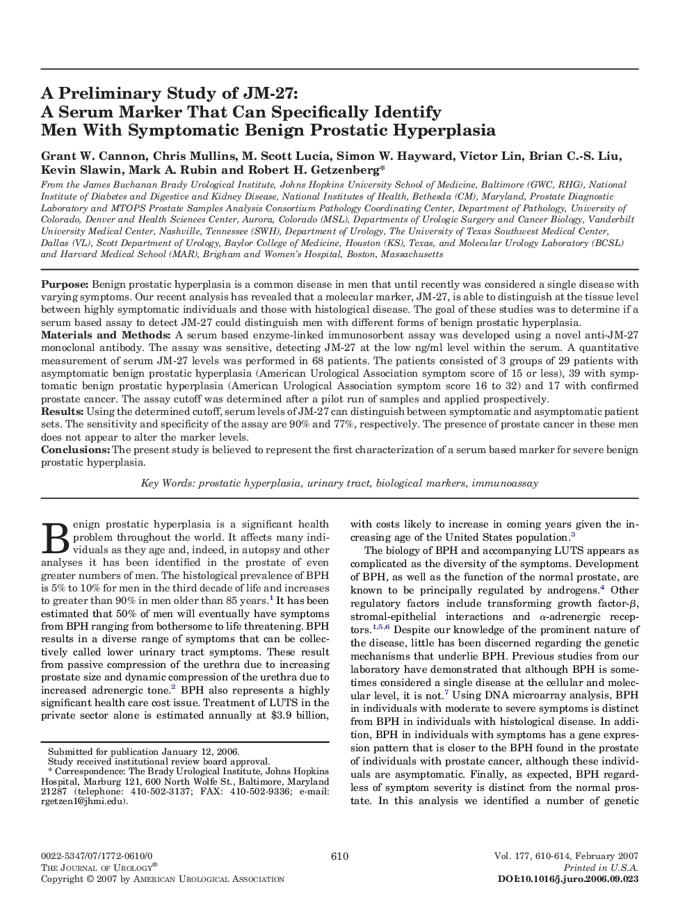 A Preliminary Study of JM-27: A Serum Marker That Can Specifically Identify Men With Symptomatic Benign Prostatic Hyperplasia