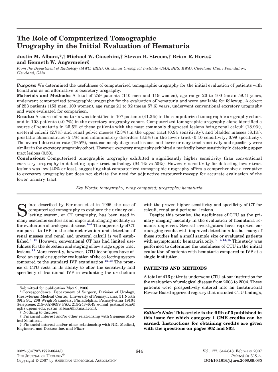 The Role of Computerized Tomographic Urography in the Initial Evaluation of Hematuria