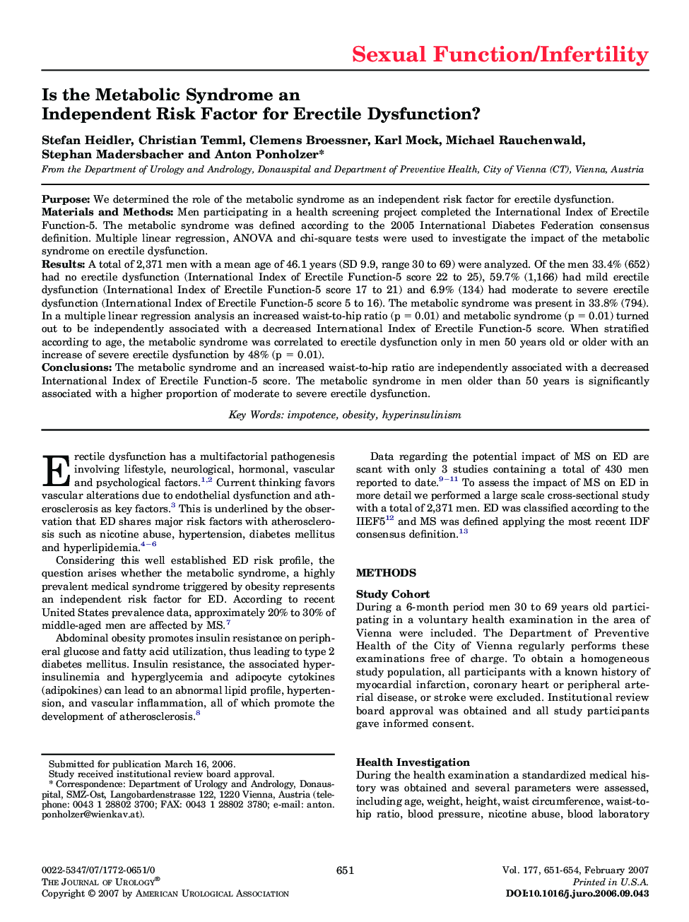 Is the Metabolic Syndrome an Independent Risk Factor for Erectile Dysfunction?