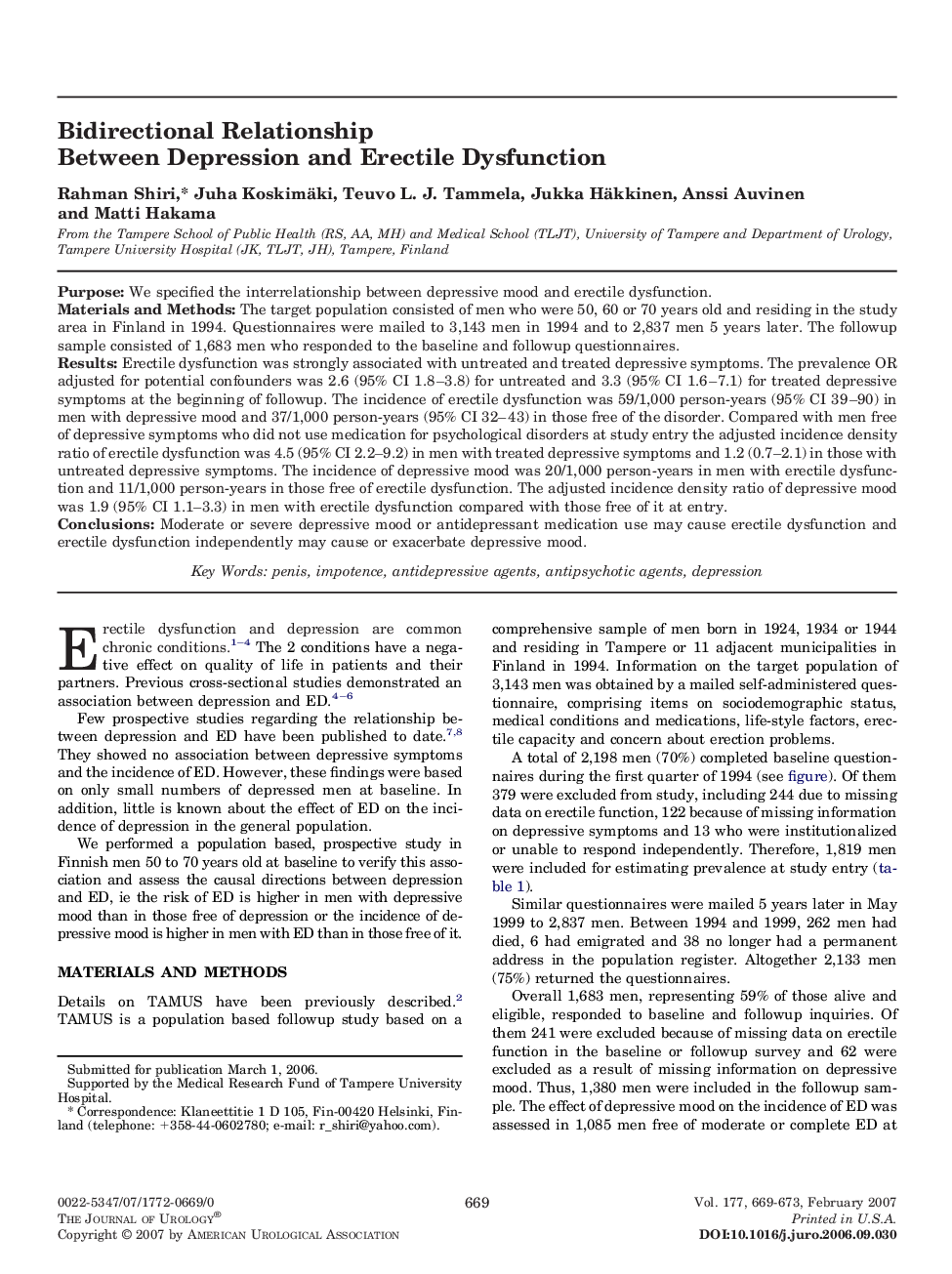 Bidirectional Relationship Between Depression and Erectile Dysfunction 