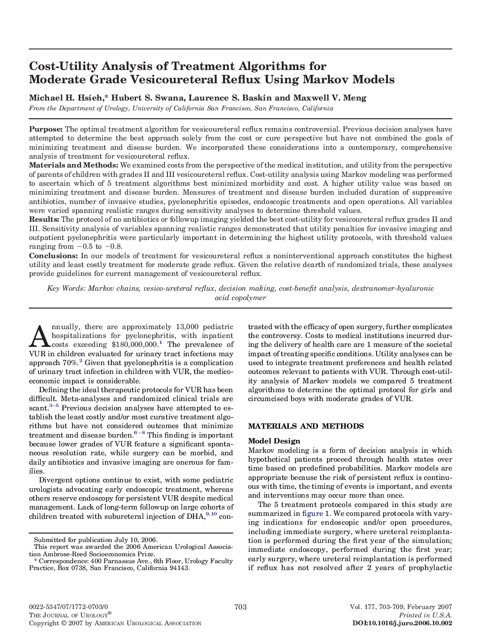 Cost-Utility Analysis of Treatment Algorithms for Moderate Grade Vesicoureteral Reflux Using Markov Models 