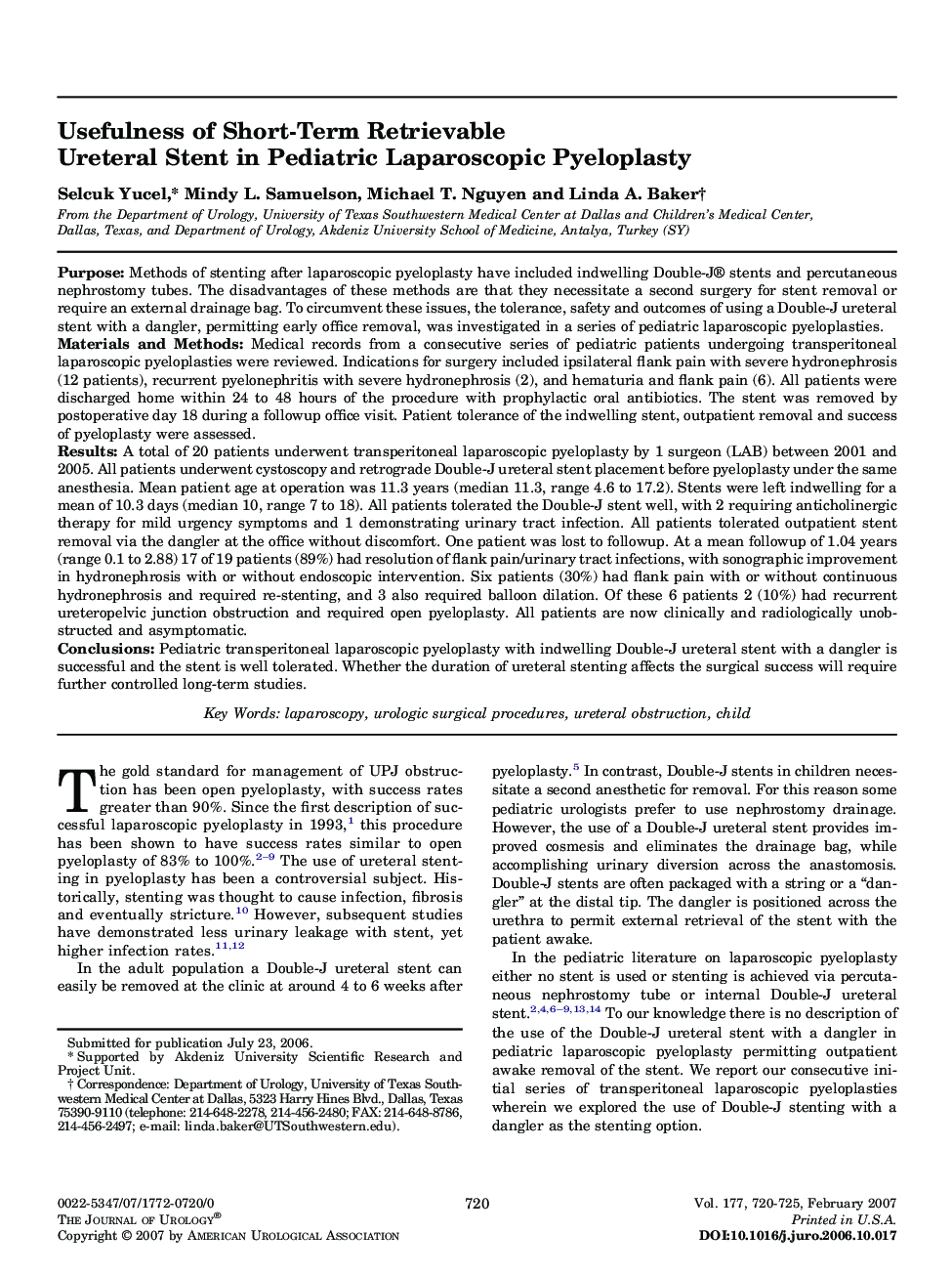 Usefulness of Short-Term Retrievable Ureteral Stent in Pediatric Laparoscopic Pyeloplasty