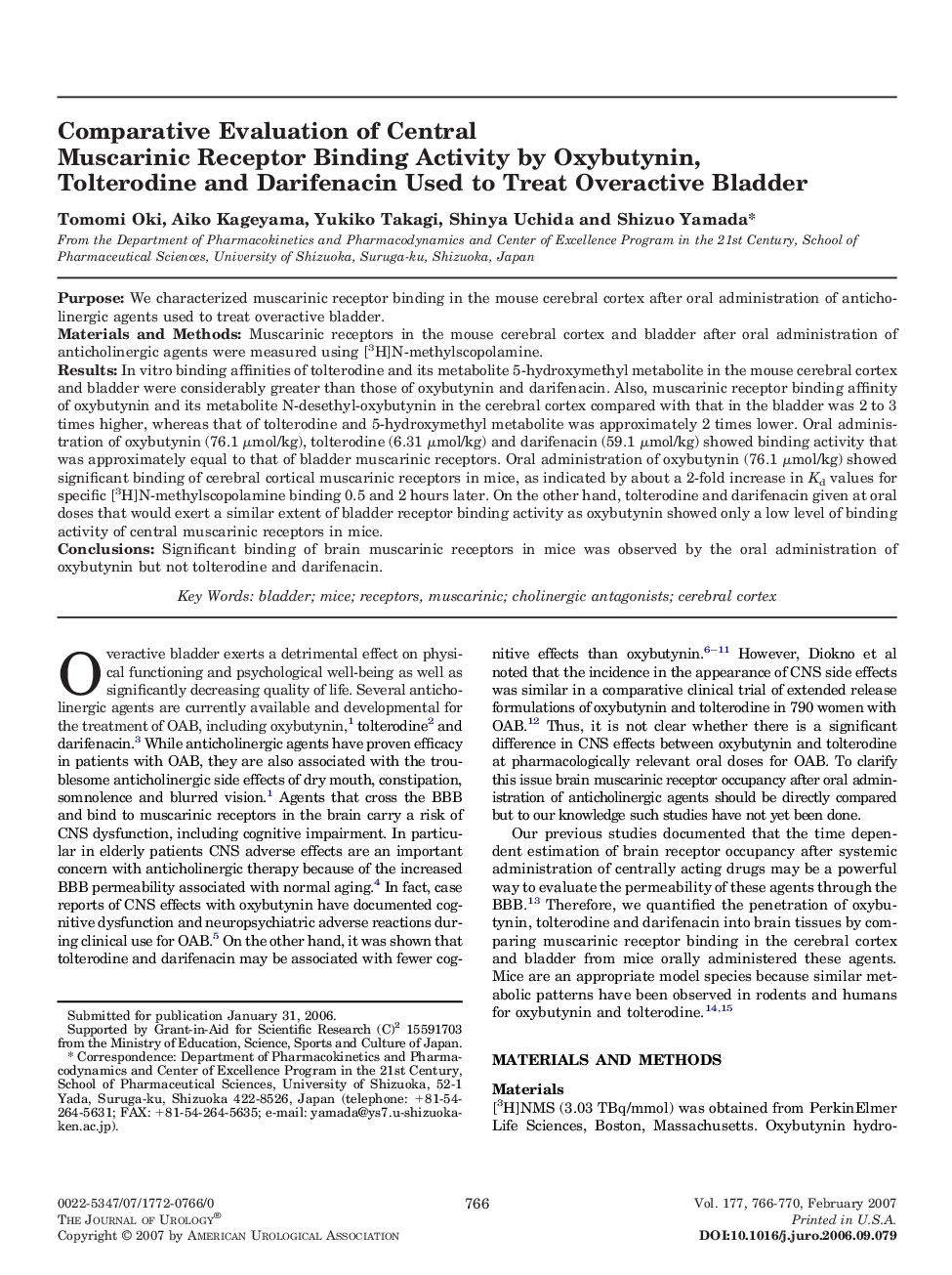 Comparative Evaluation of Central Muscarinic Receptor Binding Activity by Oxybutynin, Tolterodine and Darifenacin Used to Treat Overactive Bladder 