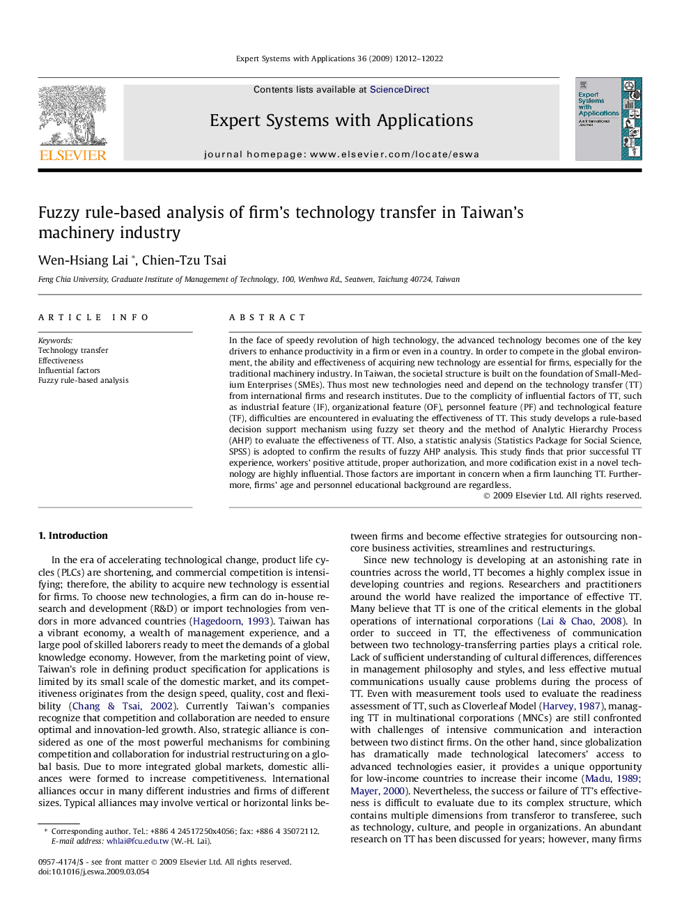 Fuzzy rule-based analysis of firm’s technology transfer in Taiwan’s machinery industry