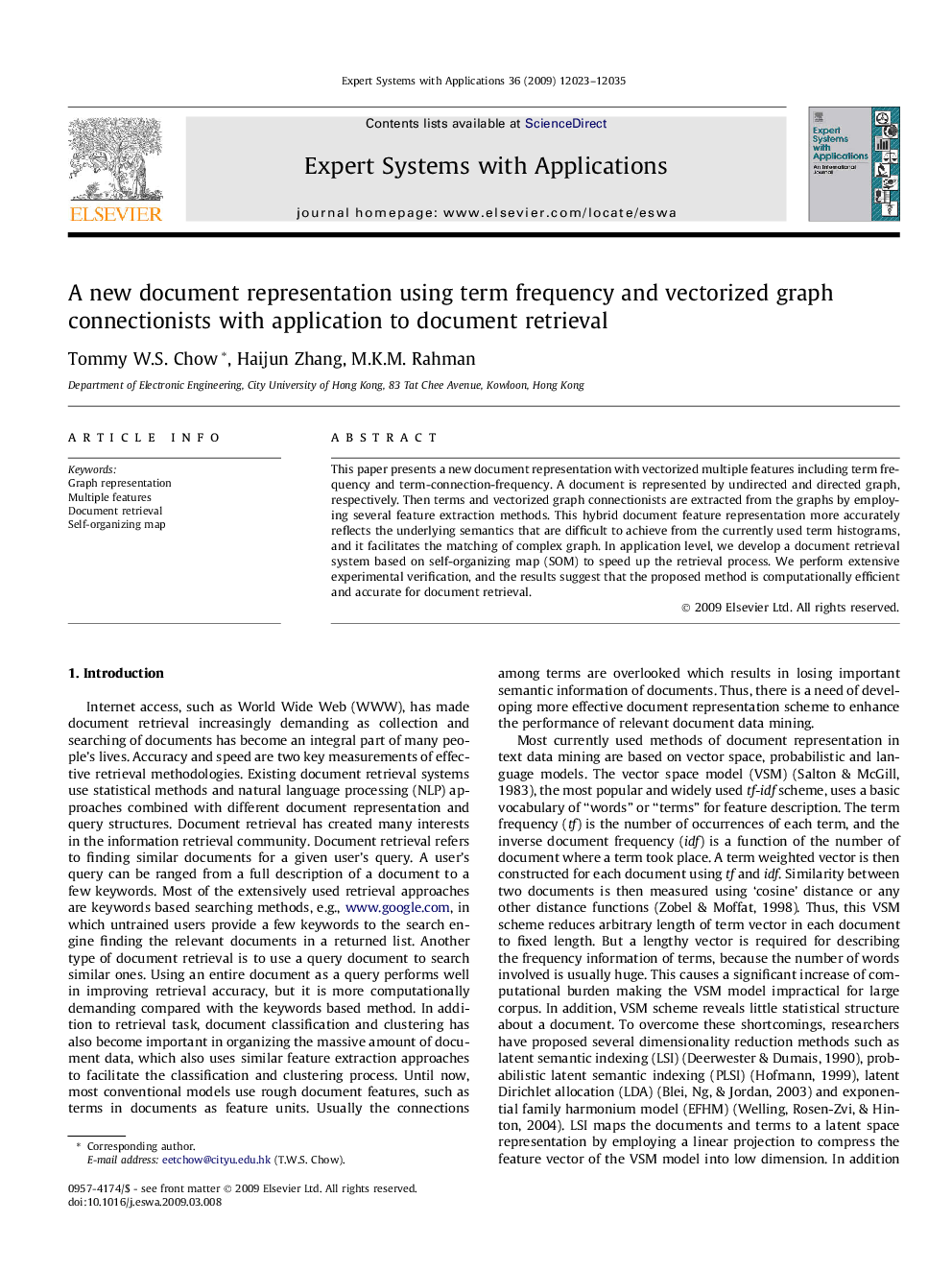 A new document representation using term frequency and vectorized graph connectionists with application to document retrieval