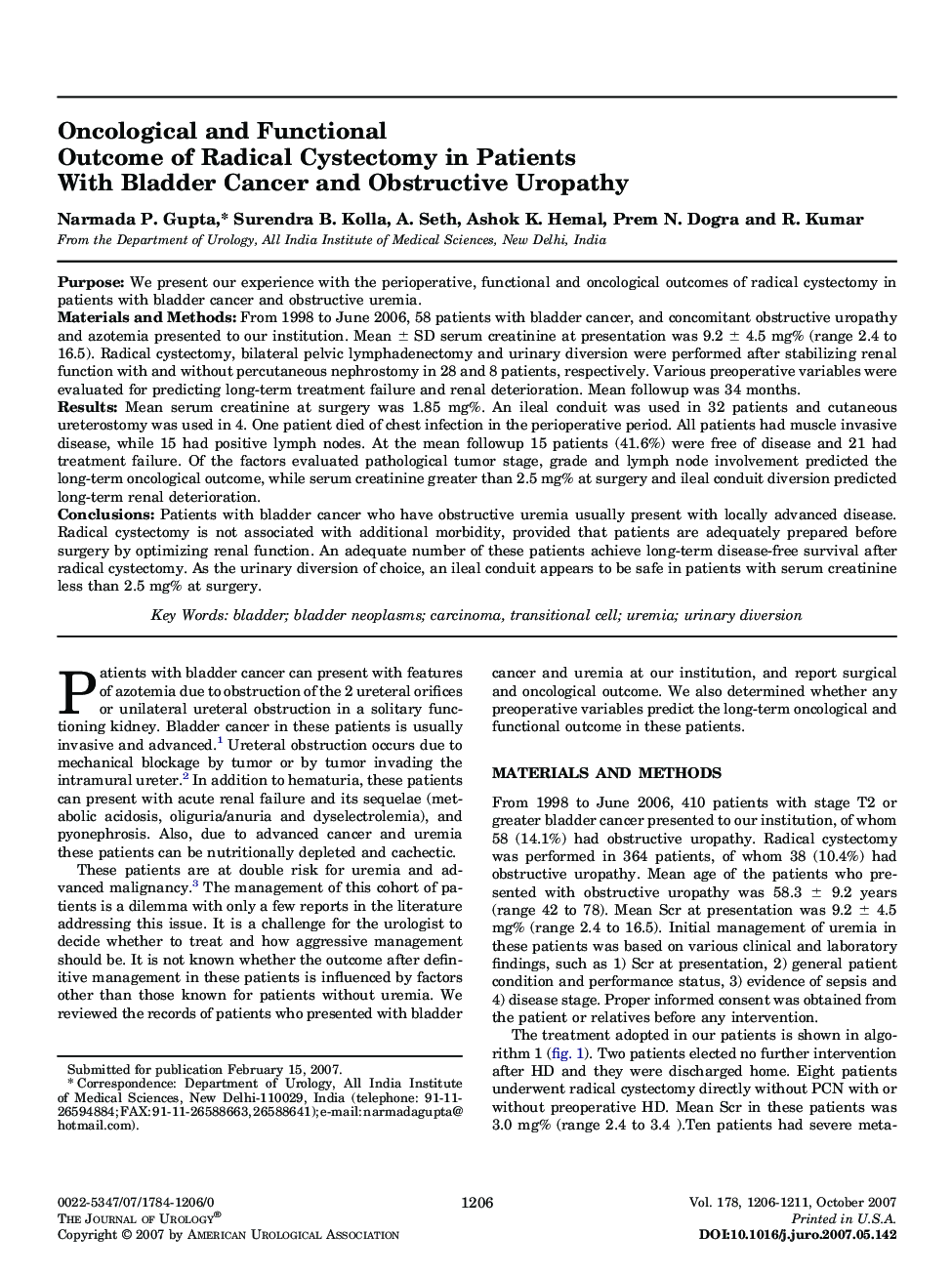 Oncological and Functional Outcome of Radical Cystectomy in Patients With Bladder Cancer and Obstructive Uropathy