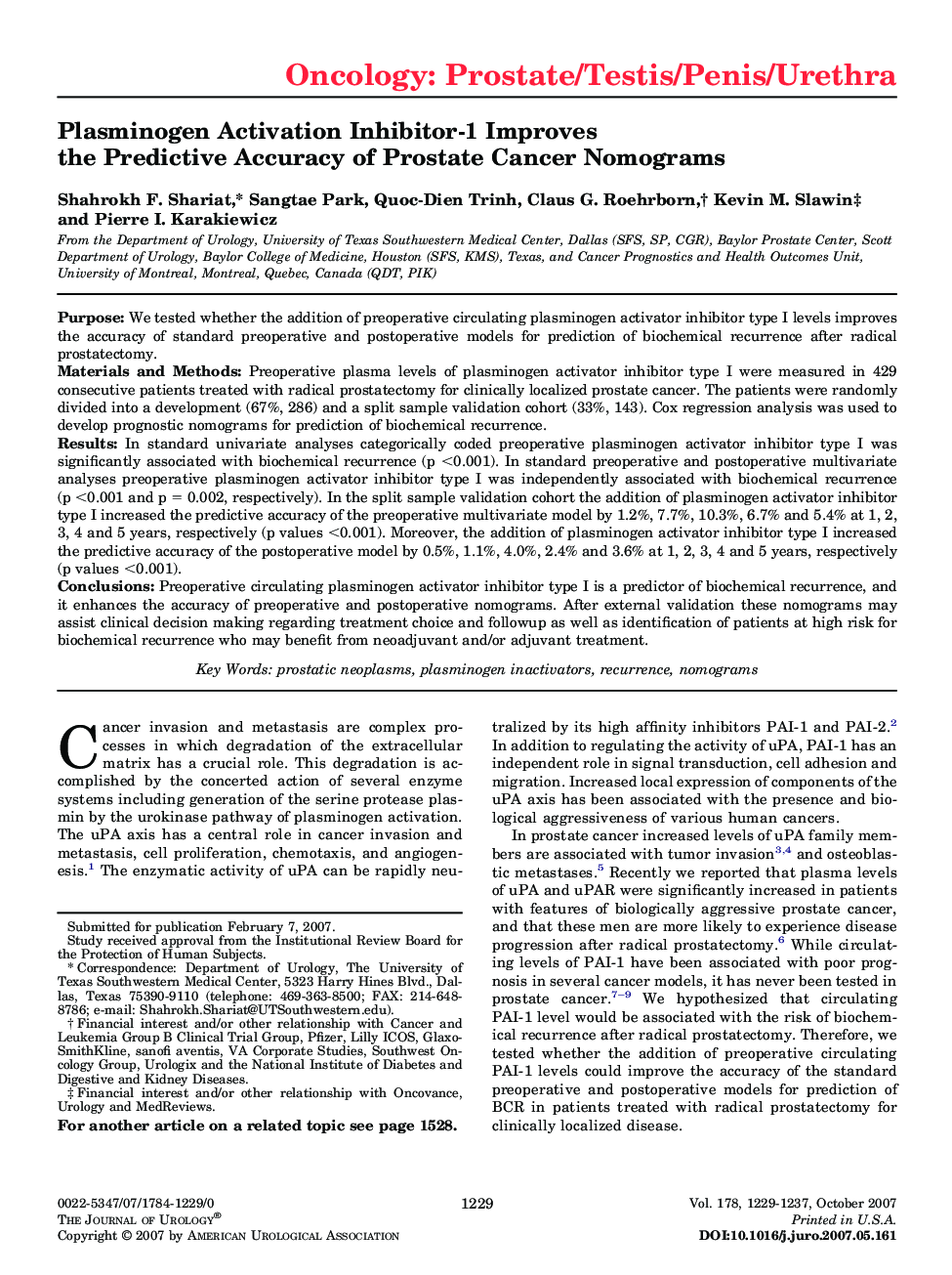 Plasminogen Activation Inhibitor-1 Improves the Predictive Accuracy of Prostate Cancer Nomograms 