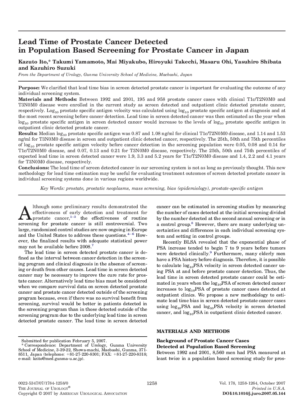 Lead Time of Prostate Cancer Detected in Population Based Screening for Prostate Cancer in Japan