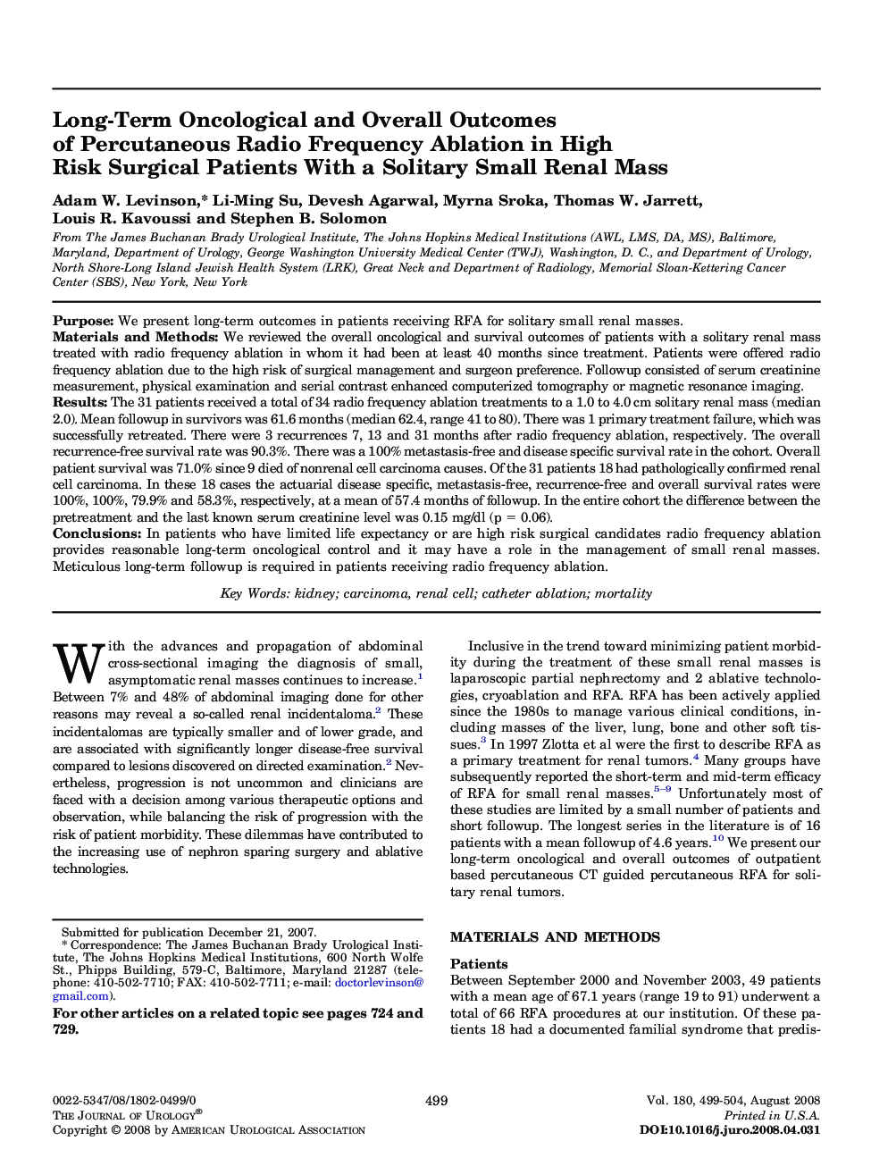 Long-Term Oncological and Overall Outcomes of Percutaneous Radio Frequency Ablation in High Risk Surgical Patients With a Solitary Small Renal Mass 