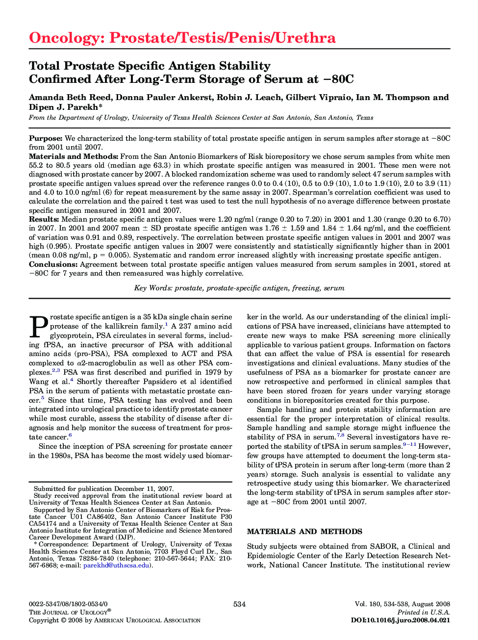 Total Prostate Specific Antigen Stability Confirmed After Long-Term Storage of Serum at â80C