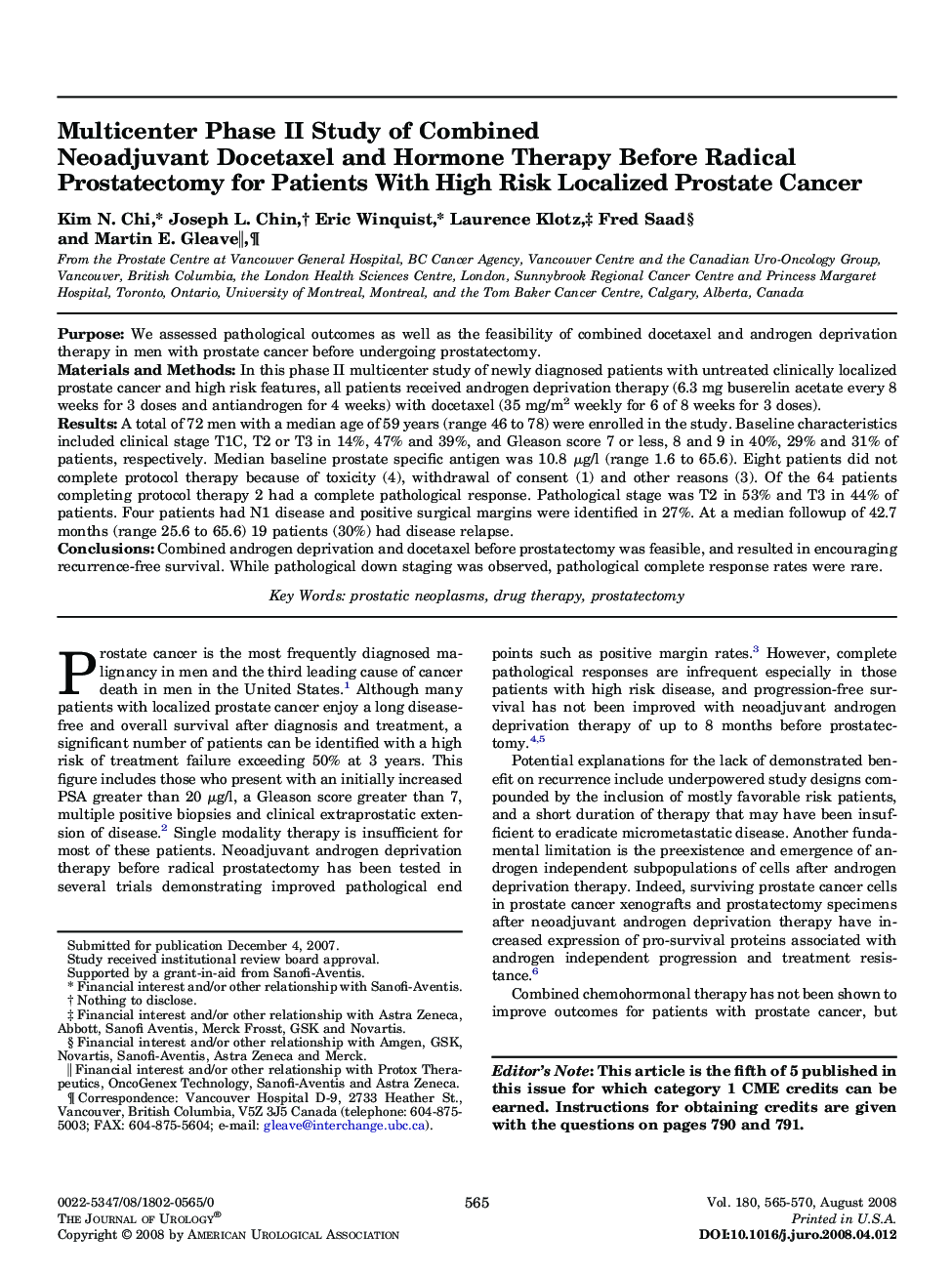 Multicenter Phase II Study of Combined Neoadjuvant Docetaxel and Hormone Therapy Before Radical Prostatectomy for Patients With High Risk Localized Prostate Cancer