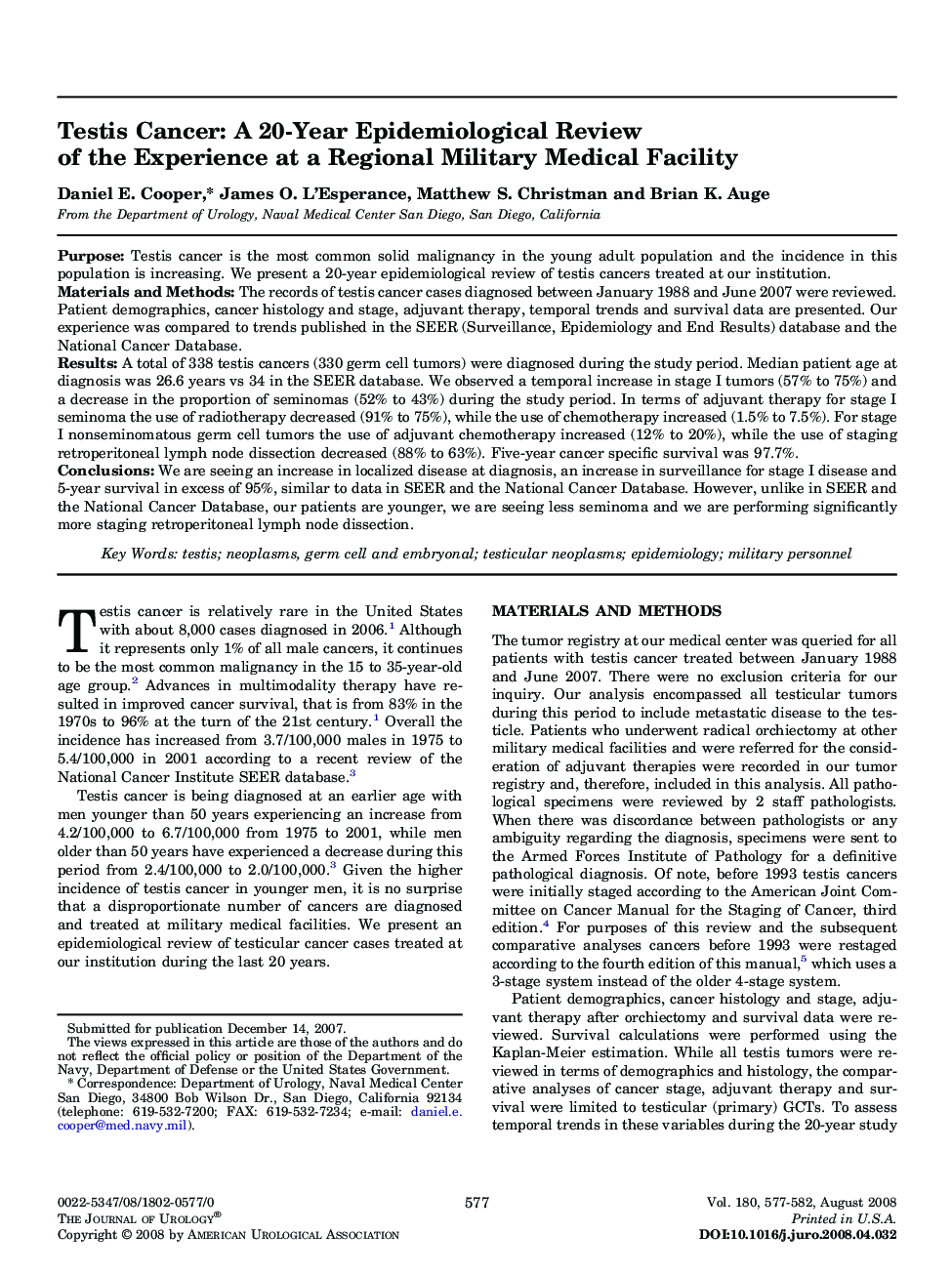 Testis Cancer: A 20-Year Epidemiological Review of the Experience at a Regional Military Medical Facility