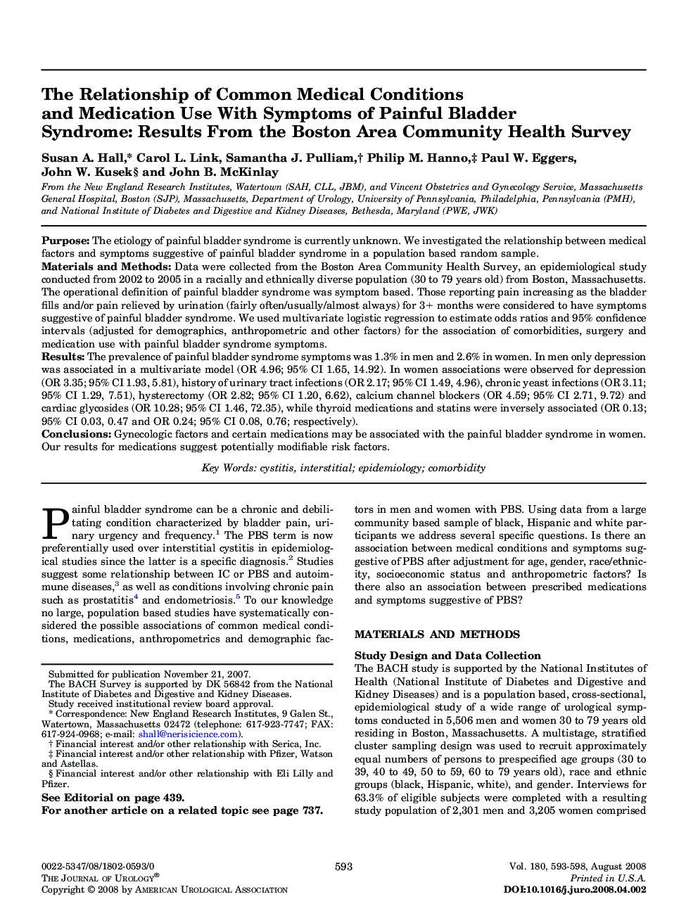 The Relationship of Common Medical Conditions and Medication Use With Symptoms of Painful Bladder Syndrome: Results From the Boston Area Community Health Survey 