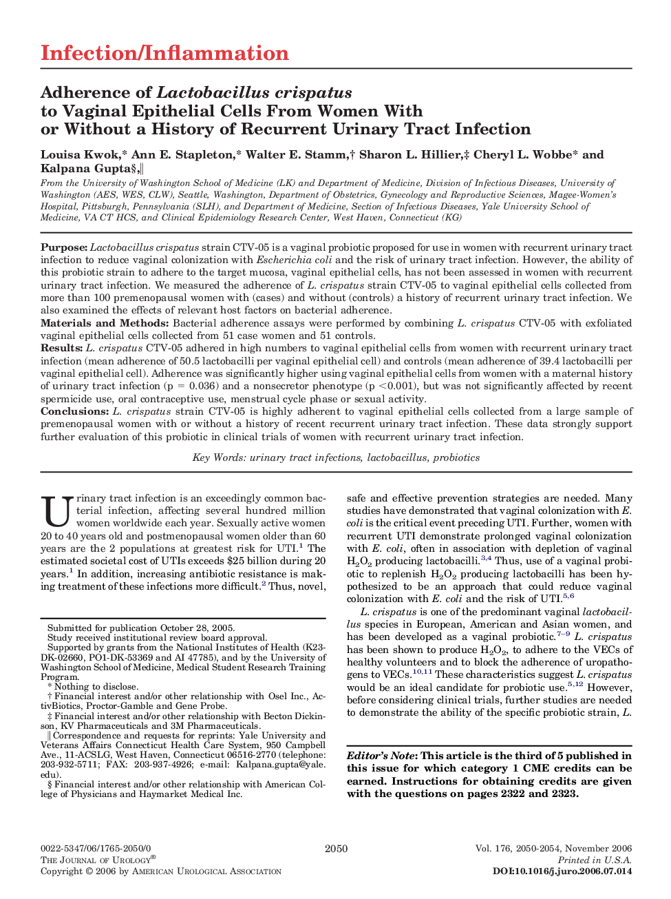 Adherence of Lactobacillus crispatus to Vaginal Epithelial Cells From Women With or Without a History of Recurrent Urinary Tract Infection