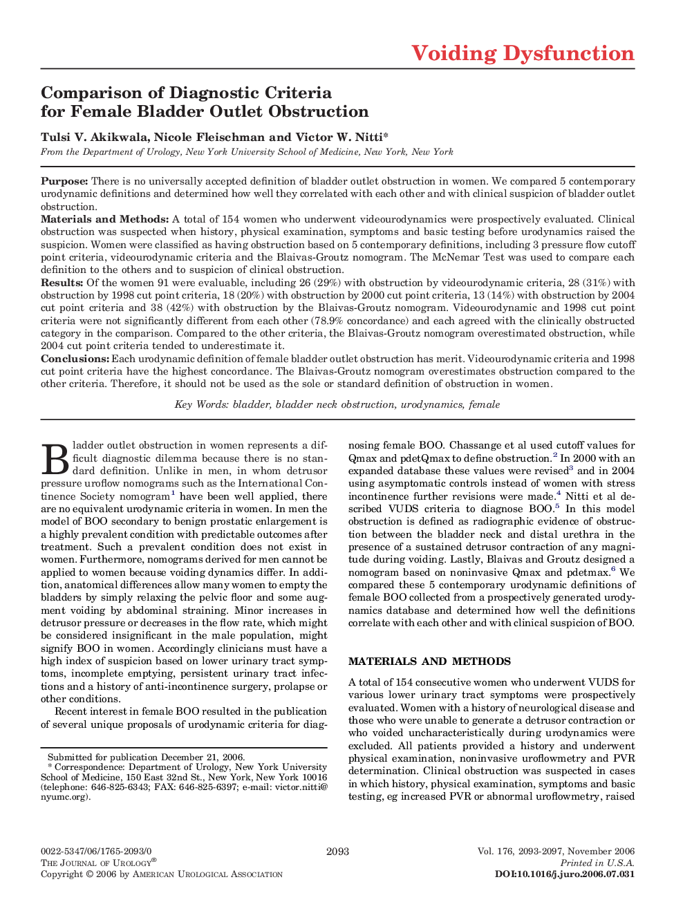 Comparison of Diagnostic Criteria for Female Bladder Outlet Obstruction