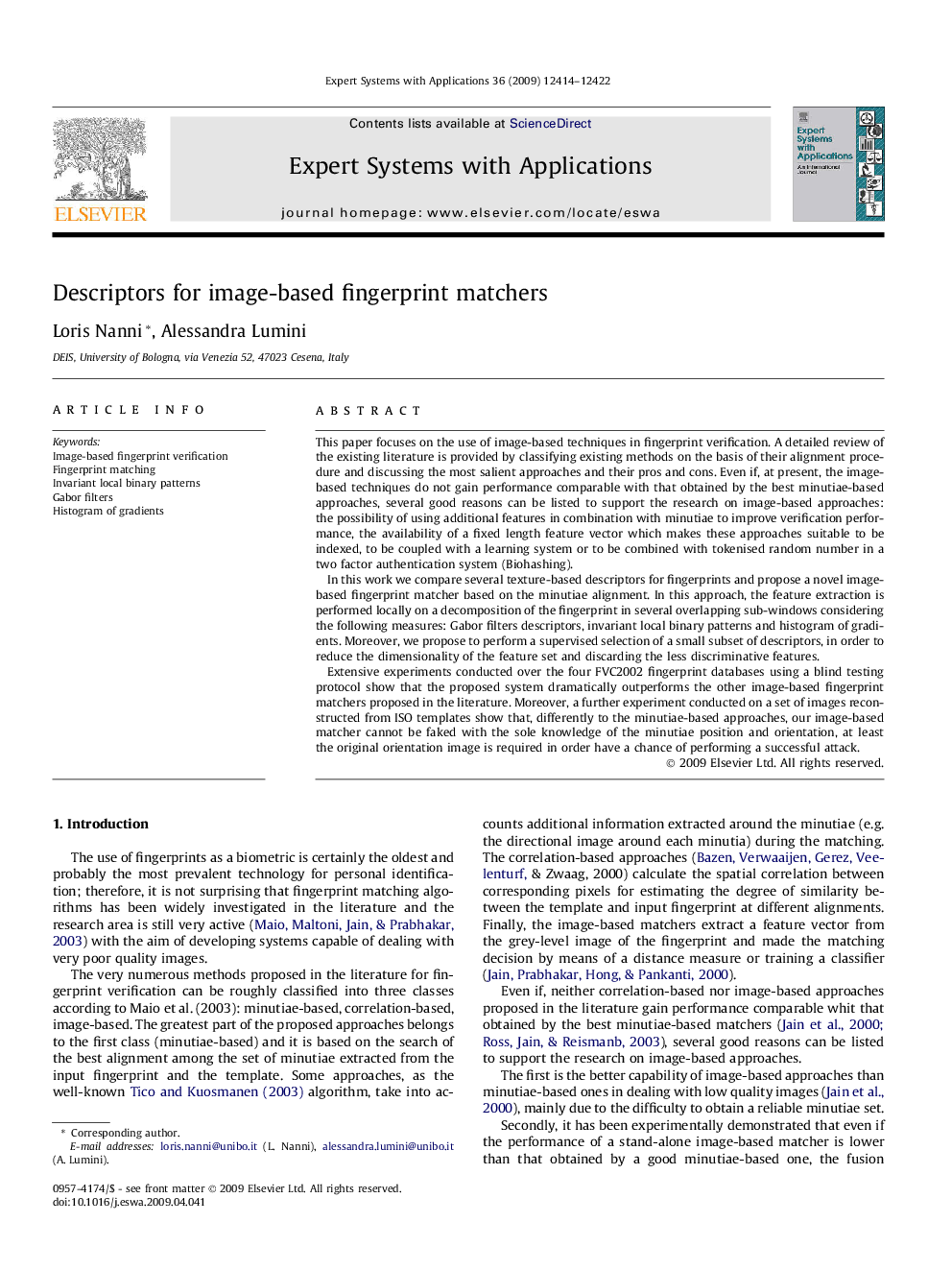 Descriptors for image-based fingerprint matchers