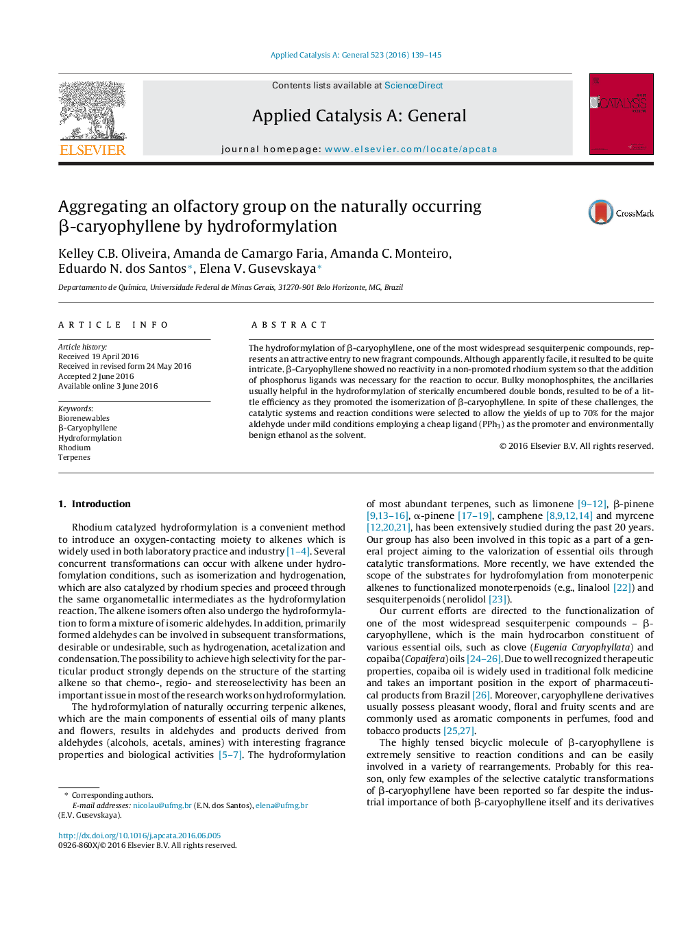 Aggregating an olfactory group on the naturally occurring β-caryophyllene by hydroformylation