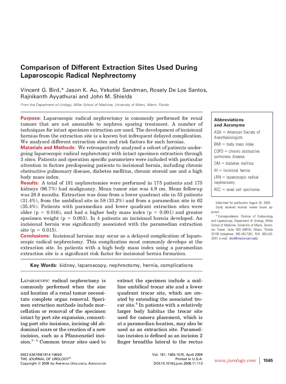 Comparison of Different Extraction Sites Used During Laparoscopic Radical Nephrectomy