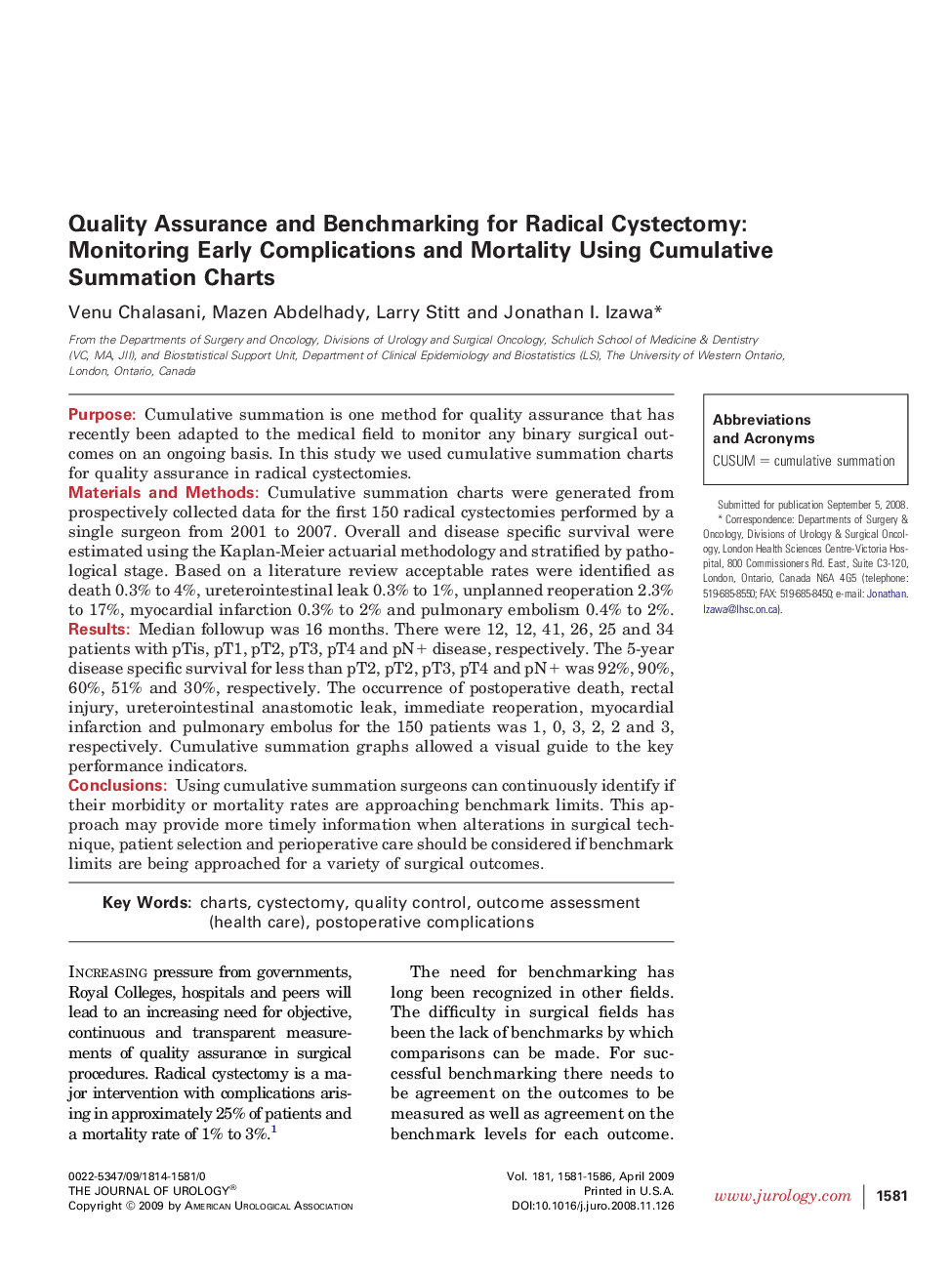 Quality Assurance and Benchmarking for Radical Cystectomy: Monitoring Early Complications and Mortality Using Cumulative Summation Charts