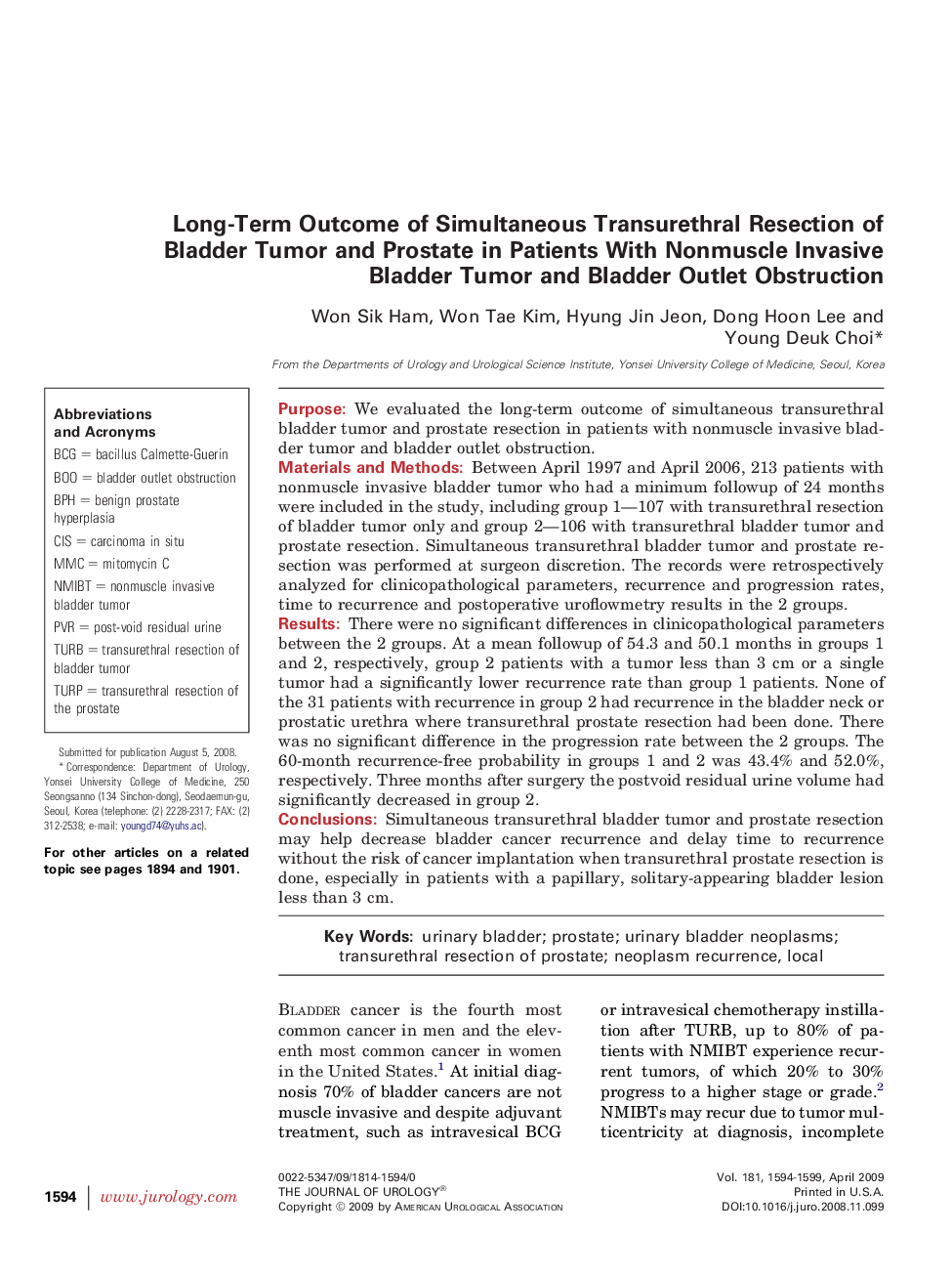 Long-Term Outcome of Simultaneous Transurethral Resection of Bladder Tumor and Prostate in Patients With Nonmuscle Invasive Bladder Tumor and Bladder Outlet Obstruction