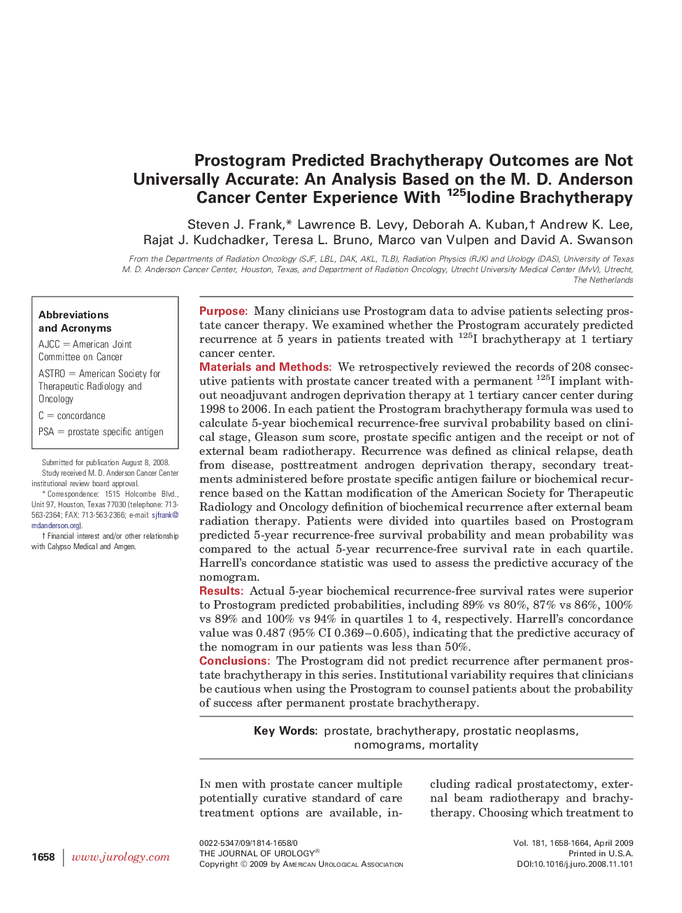 Prostogram Predicted Brachytherapy Outcomes are Not Universally Accurate: An Analysis Based on the M. D. Anderson Cancer Center Experience With 125Iodine Brachytherapy 