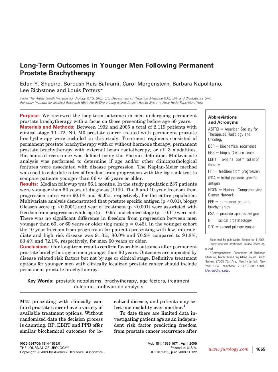 Long-Term Outcomes in Younger Men Following Permanent Prostate Brachytherapy