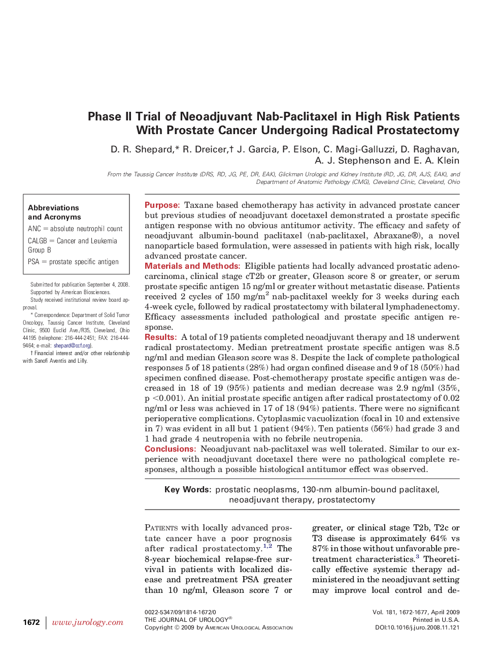 Phase II Trial of Neoadjuvant Nab-Paclitaxel in High Risk Patients With Prostate Cancer Undergoing Radical Prostatectomy 