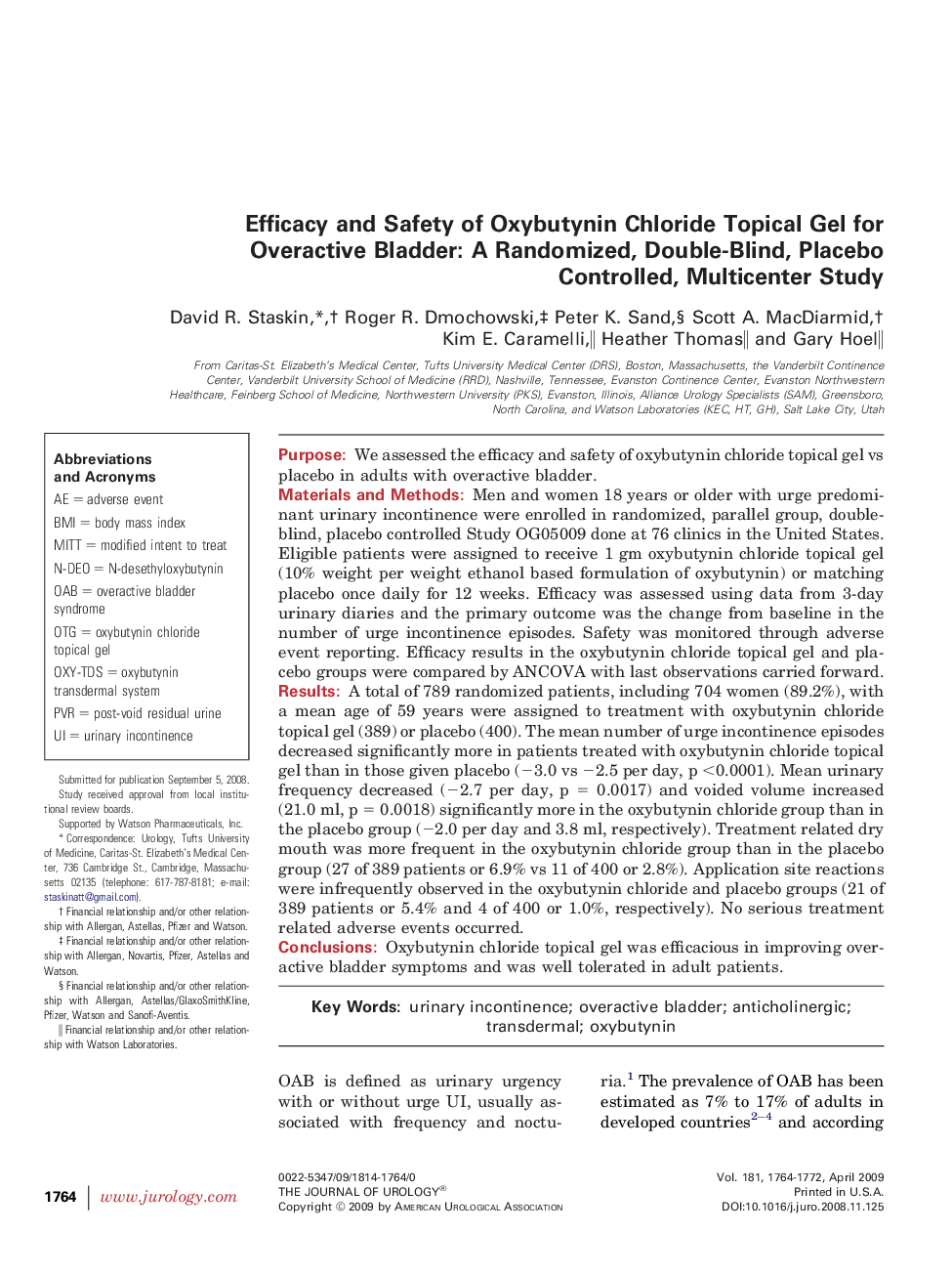 Efficacy and Safety of Oxybutynin Chloride Topical Gel for Overactive Bladder: A Randomized, Double-Blind, Placebo Controlled, Multicenter Study 