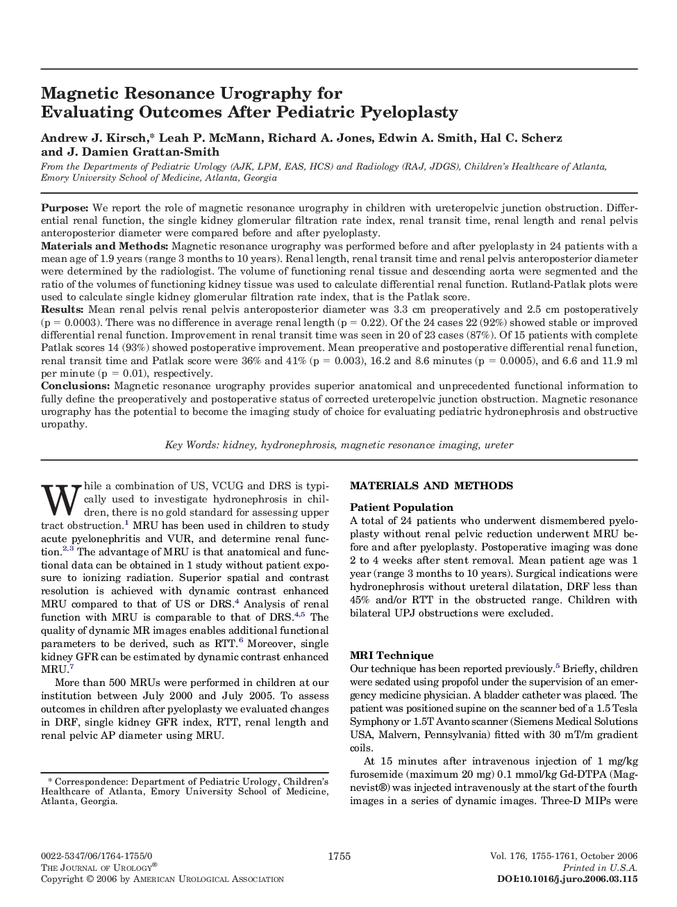 Magnetic Resonance Urography for Evaluating Outcomes After Pediatric Pyeloplasty