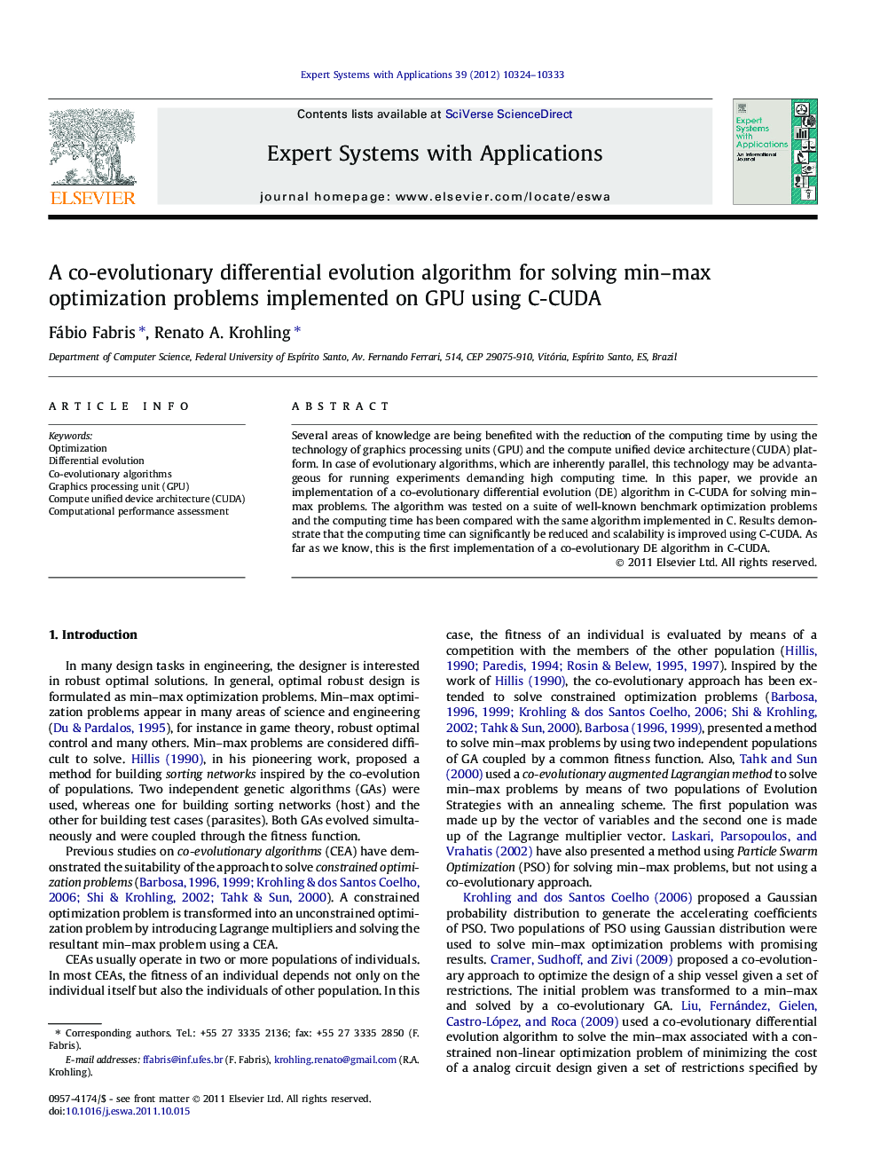 A co-evolutionary differential evolution algorithm for solving min–max optimization problems implemented on GPU using C-CUDA