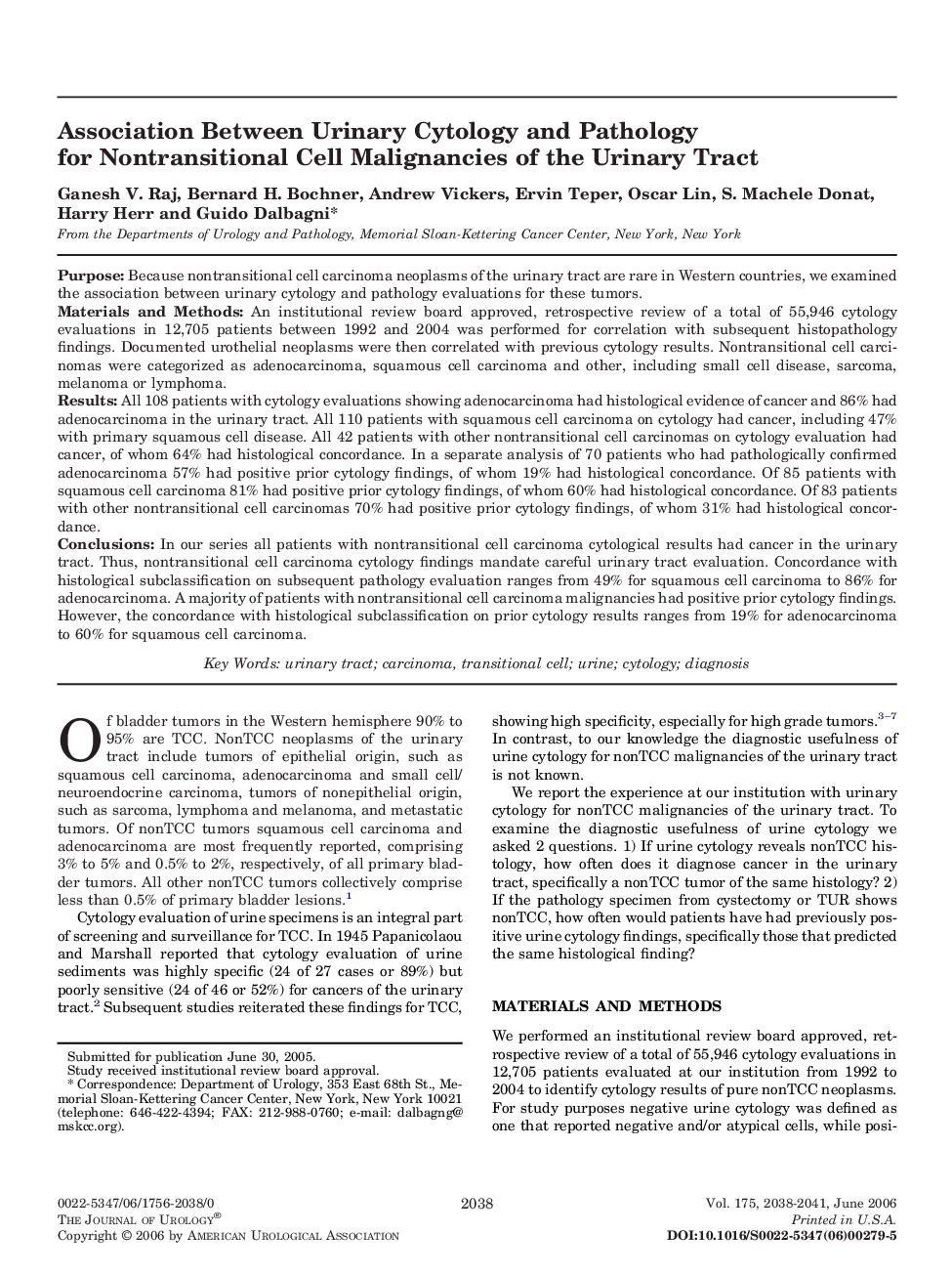 Association Between Urinary Cytology and Pathology for Nontransitional Cell Malignancies of the Urinary Tract 