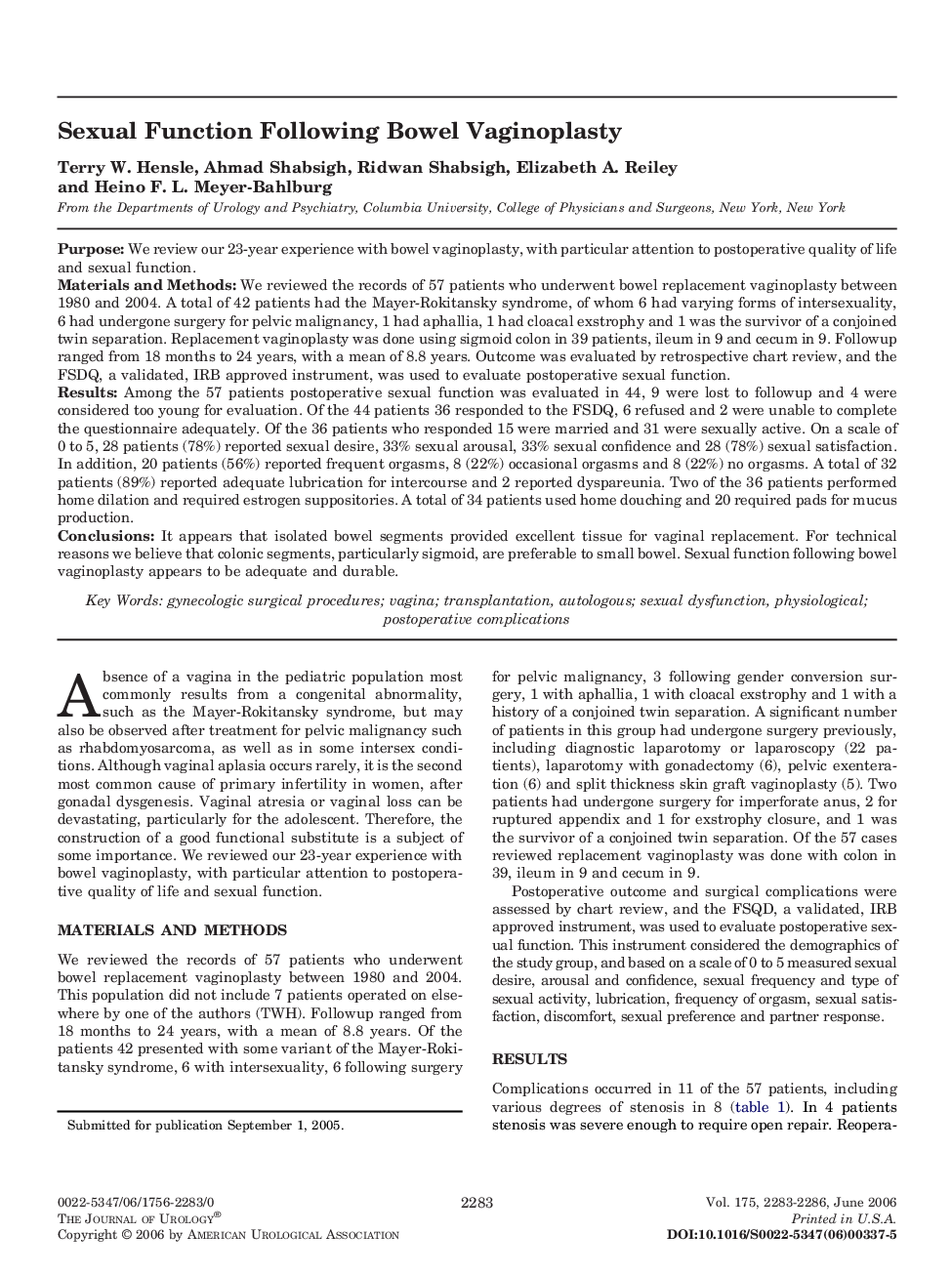 Sexual Function Following Bowel Vaginoplasty