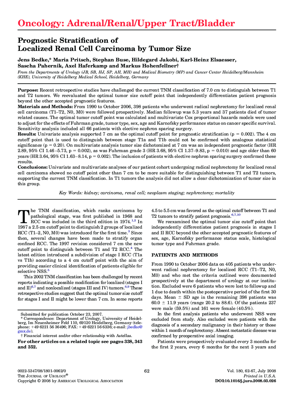 Prognostic Stratification of Localized Renal Cell Carcinoma by Tumor Size 