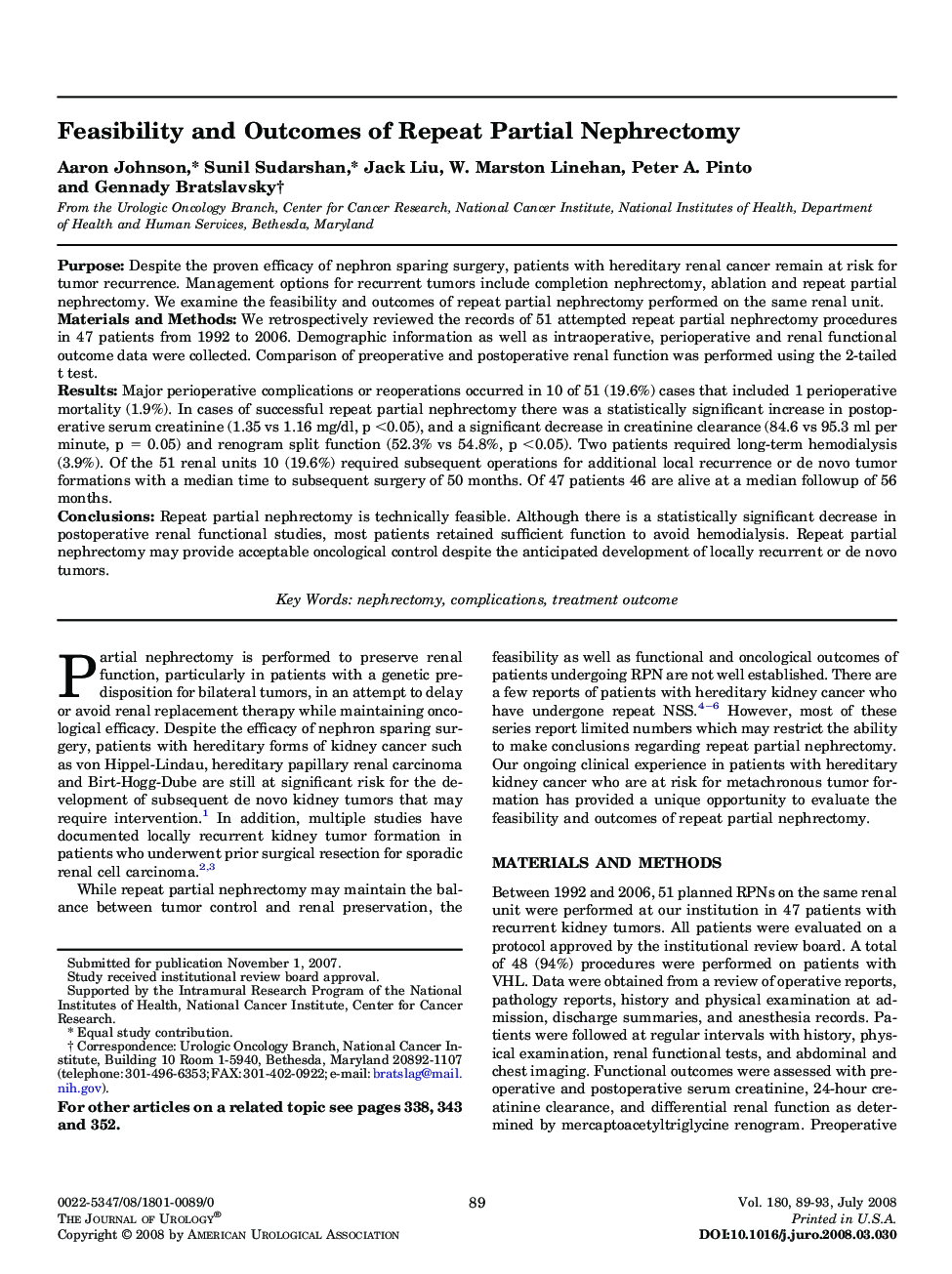 Feasibility and Outcomes of Repeat Partial Nephrectomy 