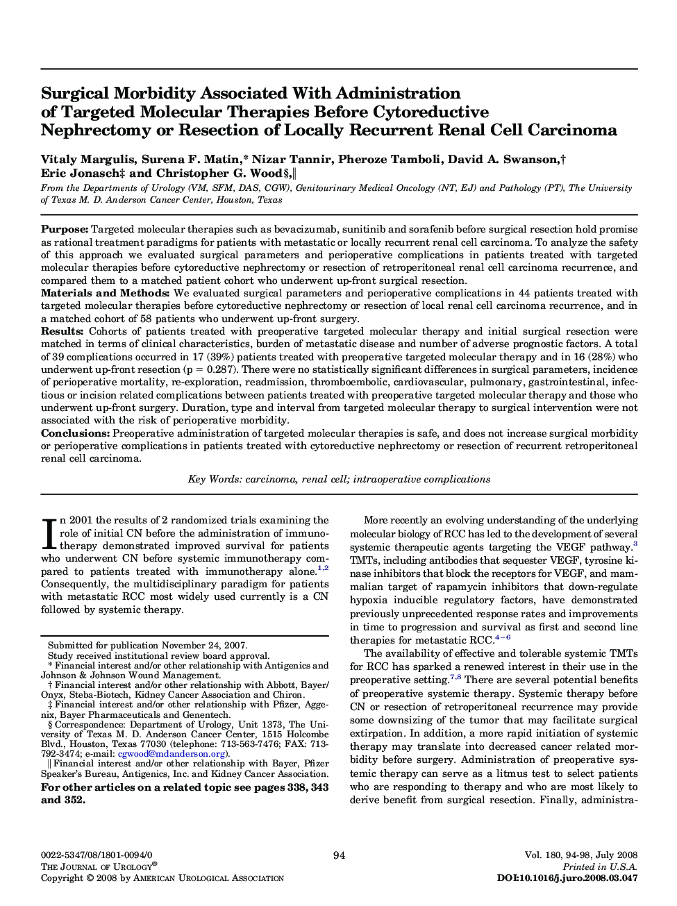 Surgical Morbidity Associated With Administration of Targeted Molecular Therapies Before Cytoreductive Nephrectomy or Resection of Locally Recurrent Renal Cell Carcinoma 