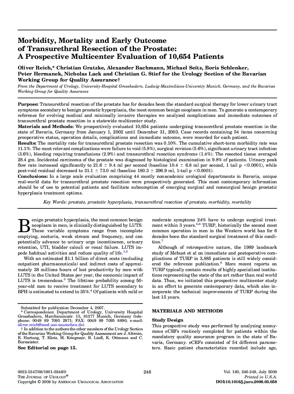 Morbidity, Mortality and Early Outcome of Transurethral Resection of the Prostate: A Prospective Multicenter Evaluation of 10,654 Patients 