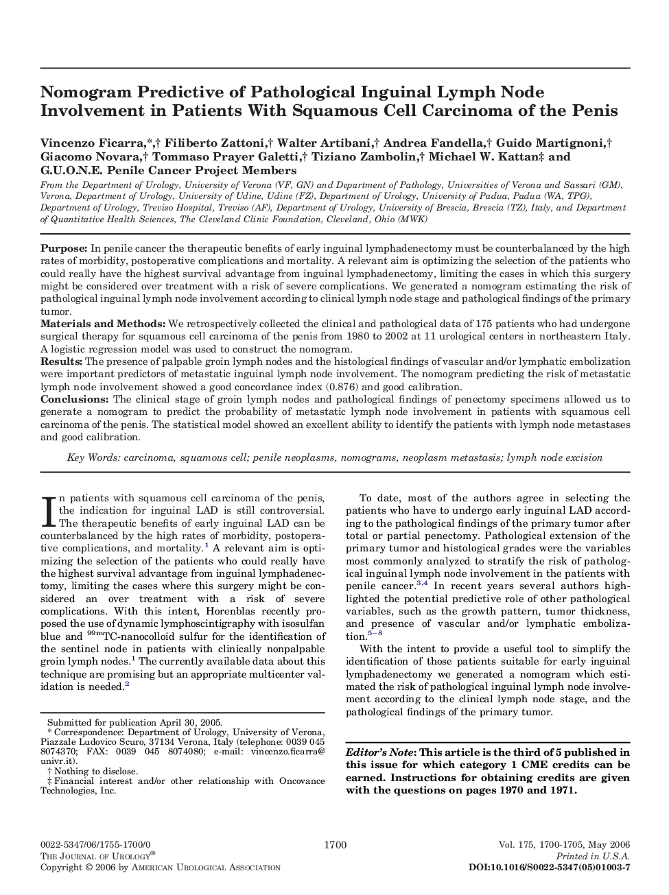 Nomogram Predictive of Pathological Inguinal Lymph Node Involvement in Patients With Squamous Cell Carcinoma of the Penis 