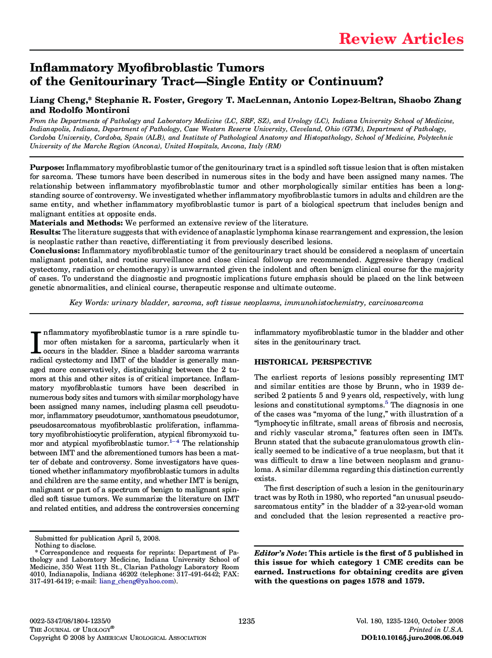 Inflammatory Myofibroblastic Tumors of the Genitourinary Tract-Single Entity or Continuum?