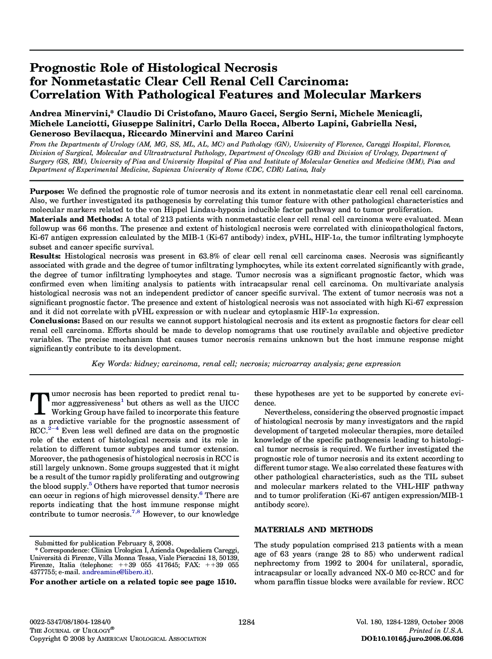 Prognostic Role of Histological Necrosis for Nonmetastatic Clear Cell Renal Cell Carcinoma: Correlation With Pathological Features and Molecular Markers 