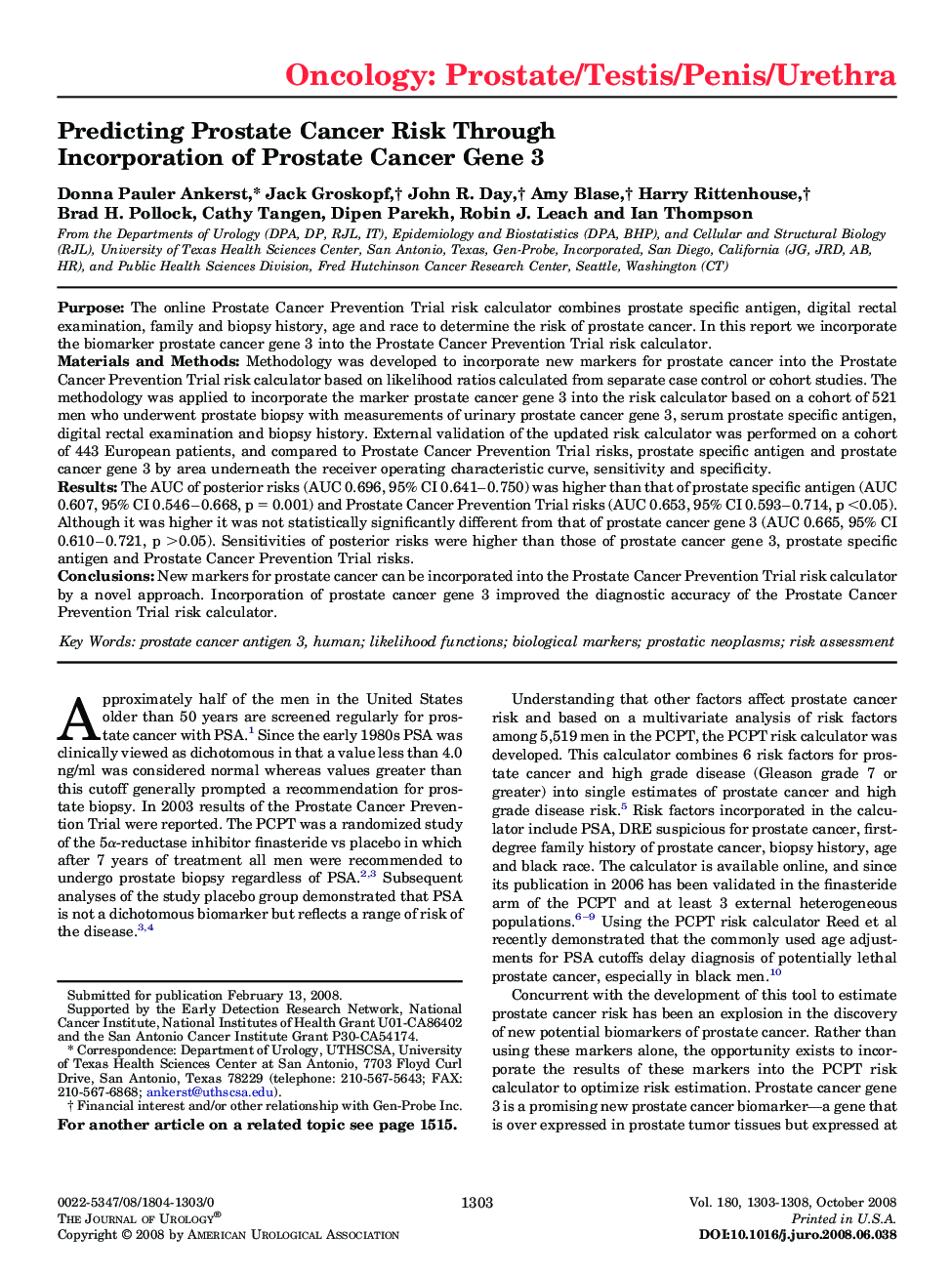 Predicting Prostate Cancer Risk Through Incorporation of Prostate Cancer Gene 3 