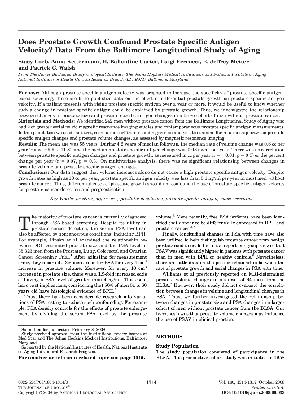 Does Prostate Growth Confound Prostate Specific Antigen Velocity? Data From the Baltimore Longitudinal Study of Aging