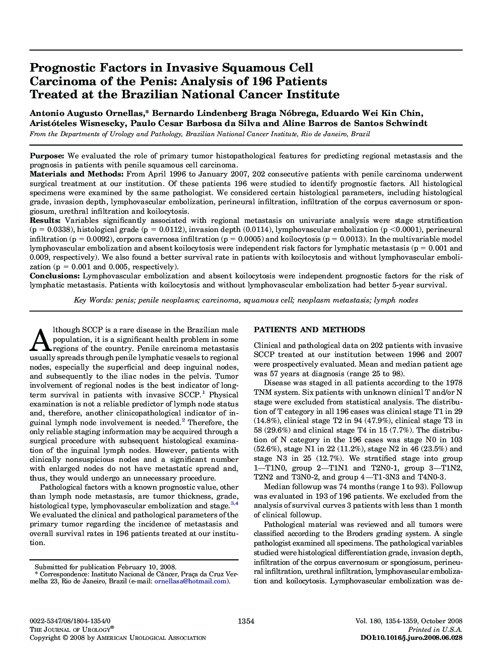 Prognostic Factors in Invasive Squamous Cell Carcinoma of the Penis: Analysis of 196 Patients Treated at the Brazilian National Cancer Institute