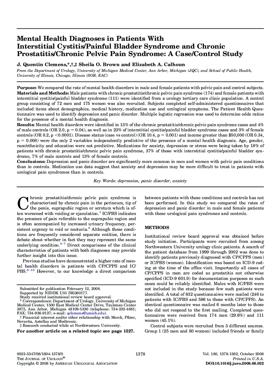 Mental Health Diagnoses in Patients With Interstitial Cystitis/Painful Bladder Syndrome and Chronic Prostatitis/Chronic Pelvic Pain Syndrome: A Case/Control Study 